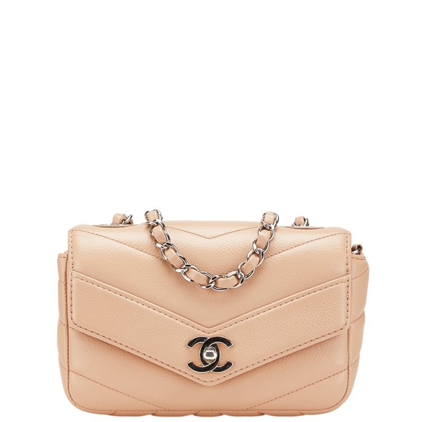 Chanel Chevron Coco Mark Chain Shoulder Bag Silver Caviar Skin