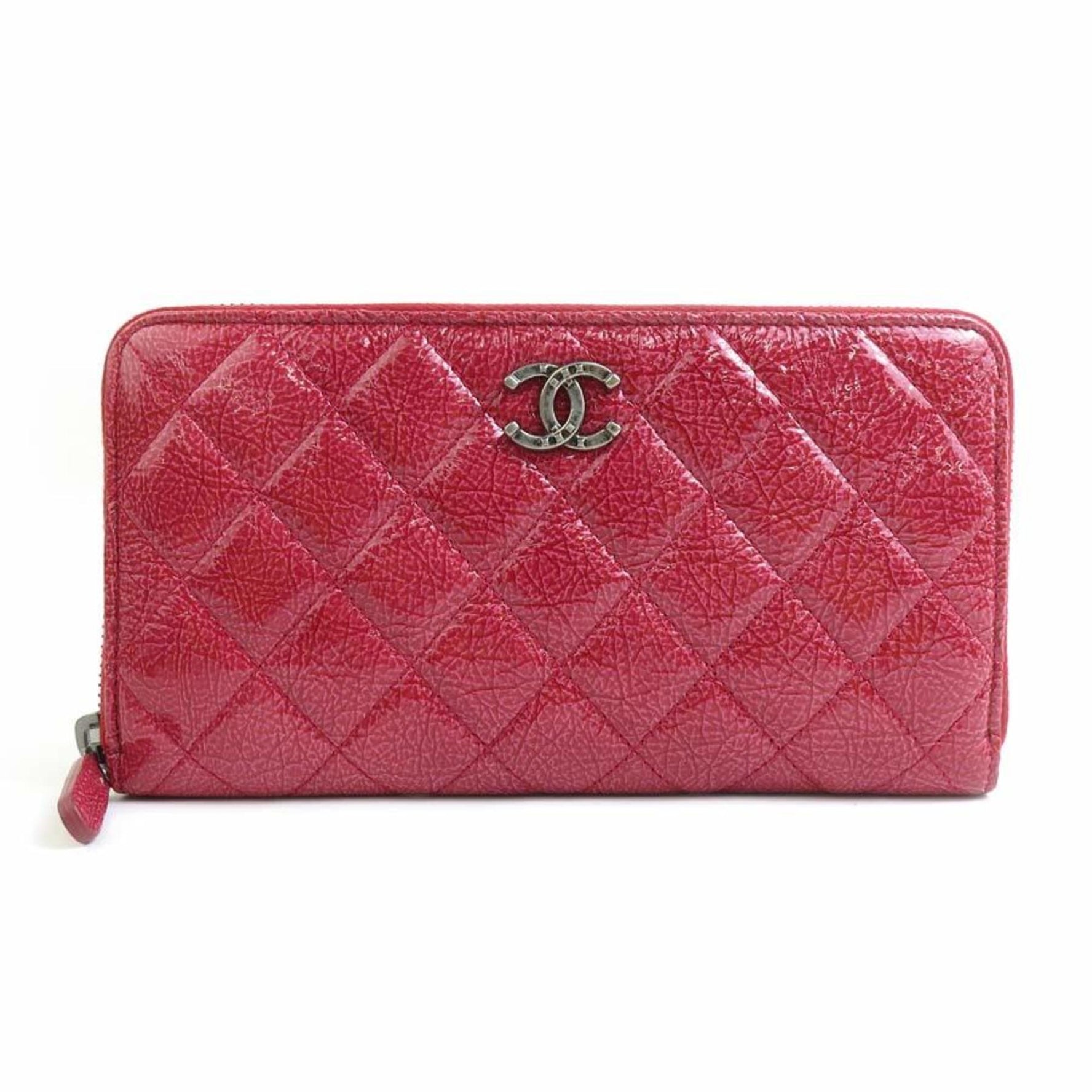 CHANEL round long wallet patent leather pink red ladies r10347a