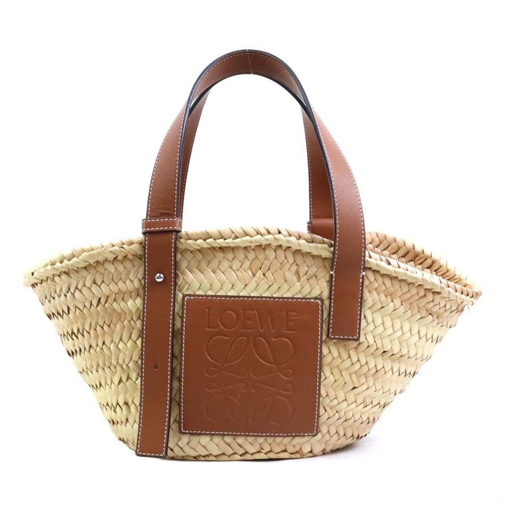 LOEWE Small Basket Handbag in Straw Leather and Tan