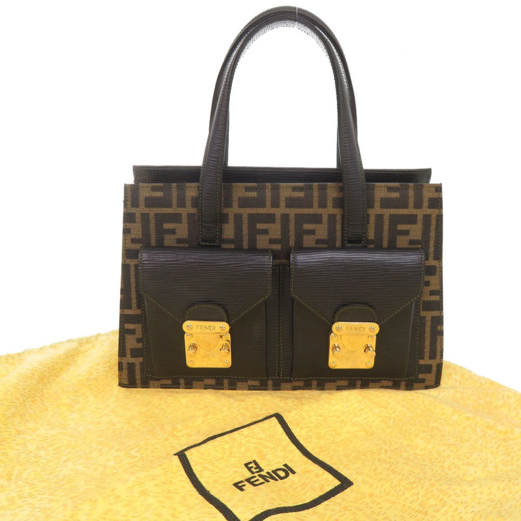 Fendi Zucca Canvas Leather Brown Black Handbag 0339