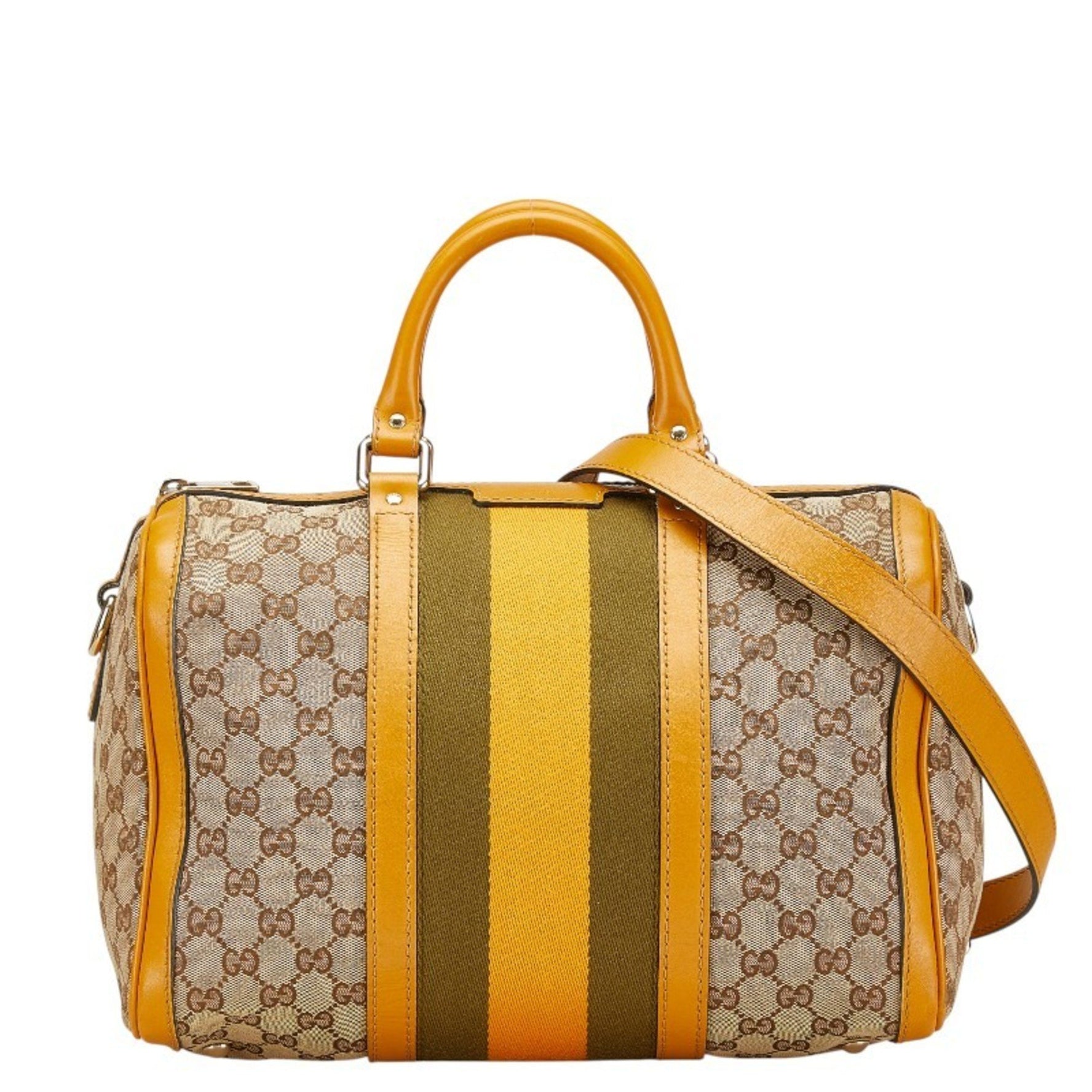 Gucci GG Canvas Sherry Line Shoulder Bag Beige Yellow Leather