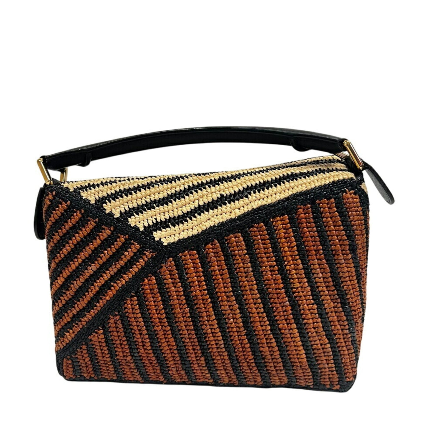 LOEWE Puzzle Edge Small Shoulder Bag in Raffia and Calfskin, Multicolor