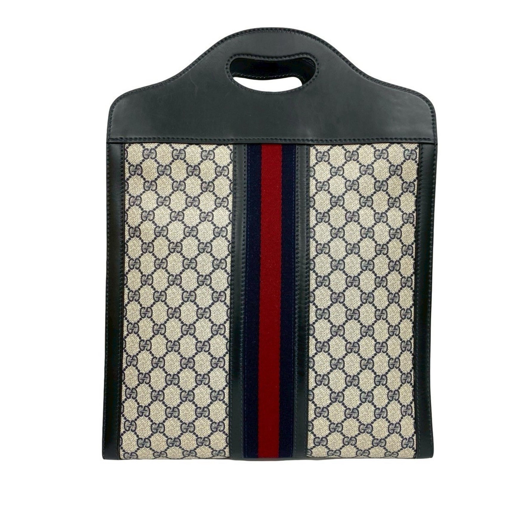 GUCCI Old Sherry Line GG Logo Leather Handbag Tote Bag Navy