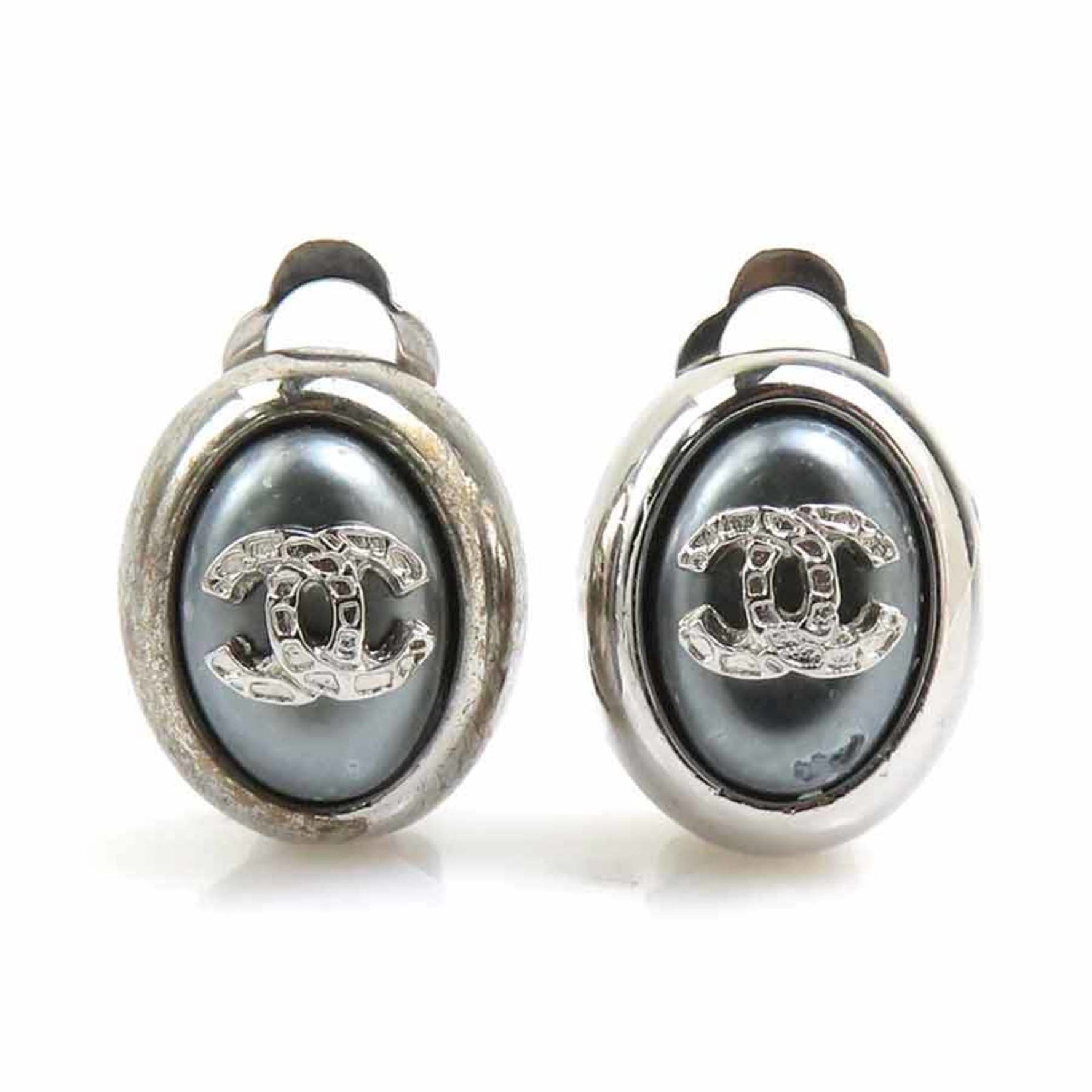 CHANEL Coco Mark Metal Earrings, Silver/Gray