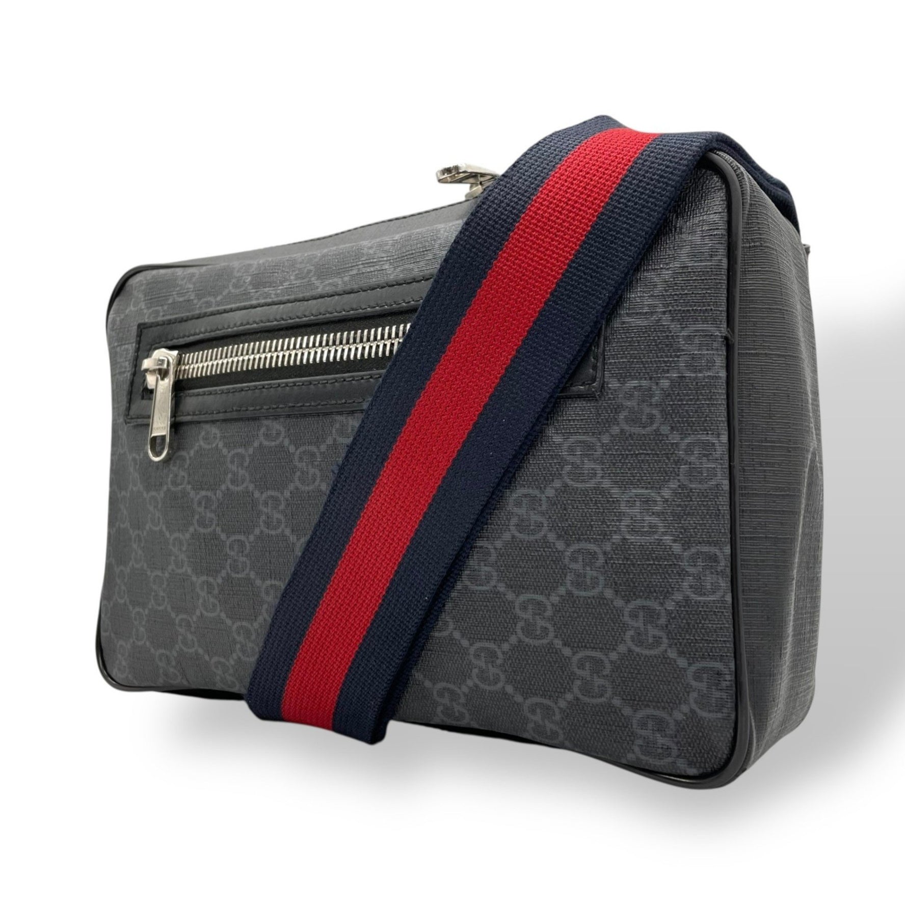 GUCCI GG Supreme Body Bag, Shoulder Waist Black/Navy Leather with Pattern and Silver Hardware, 478325, Men's, Z1