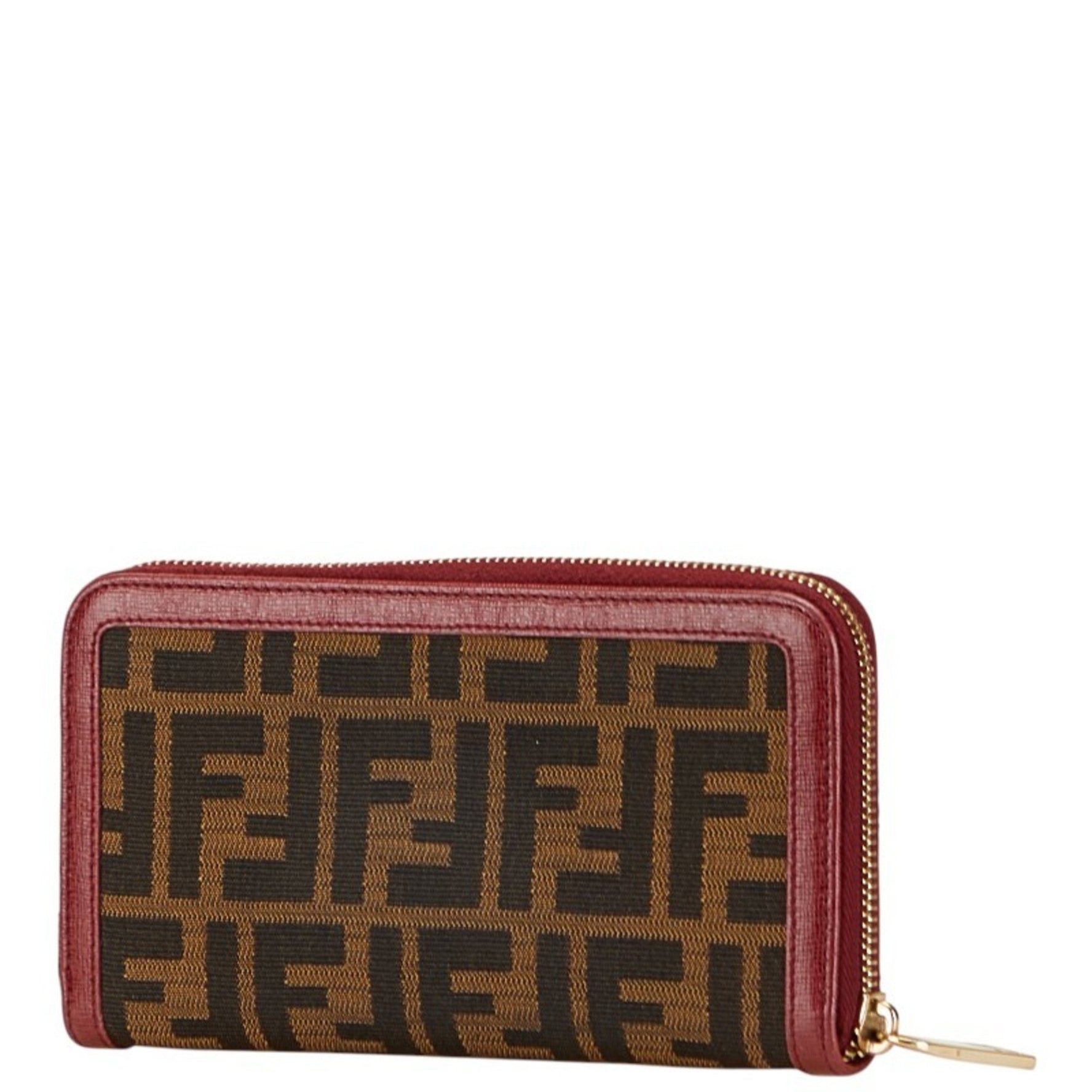 Fendi Zucca Long Wallet with Round Zipper in Brown and Wine Red Canvas Leather