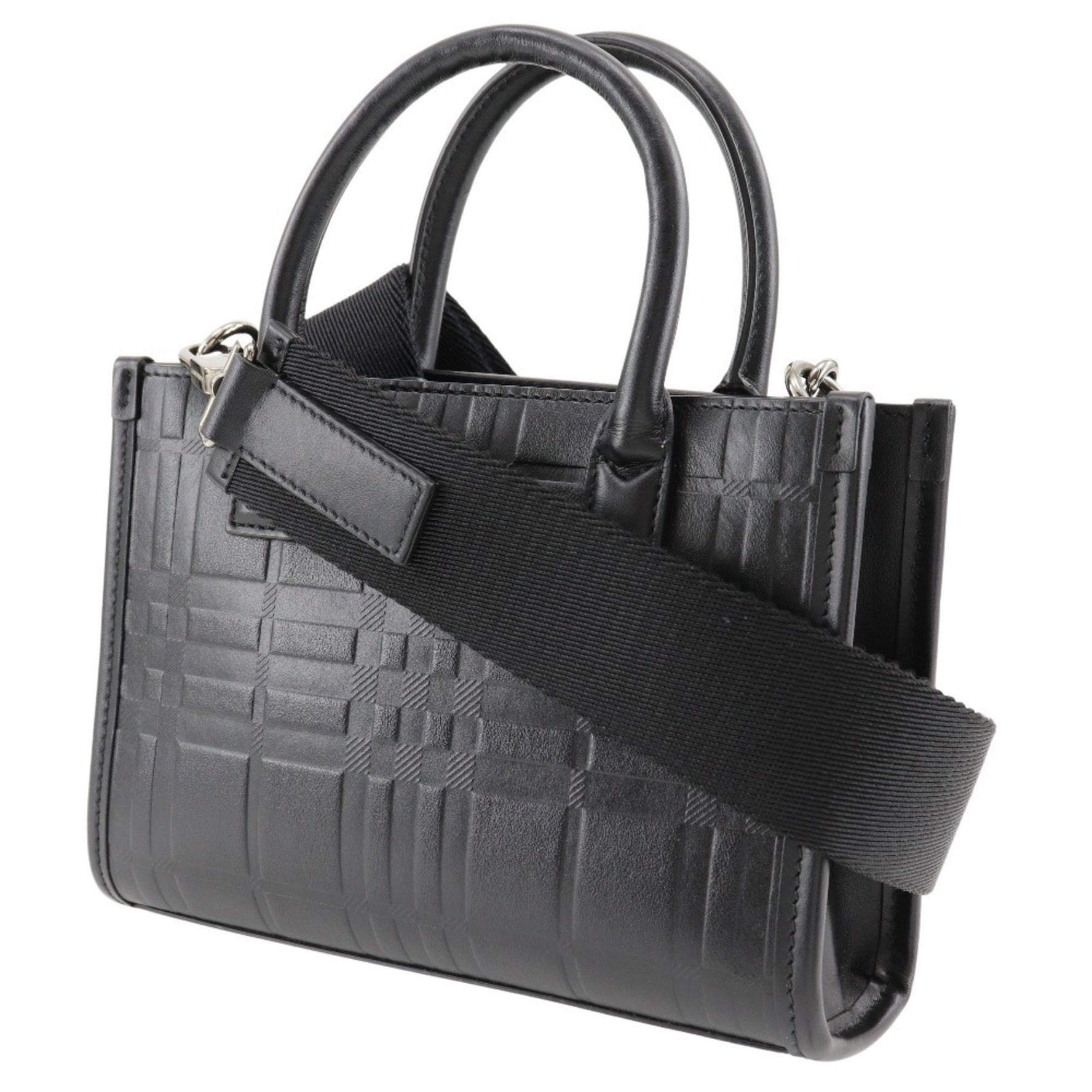 Burberry Embossed Check Handbag Shoulder Calf Black 2way Women's