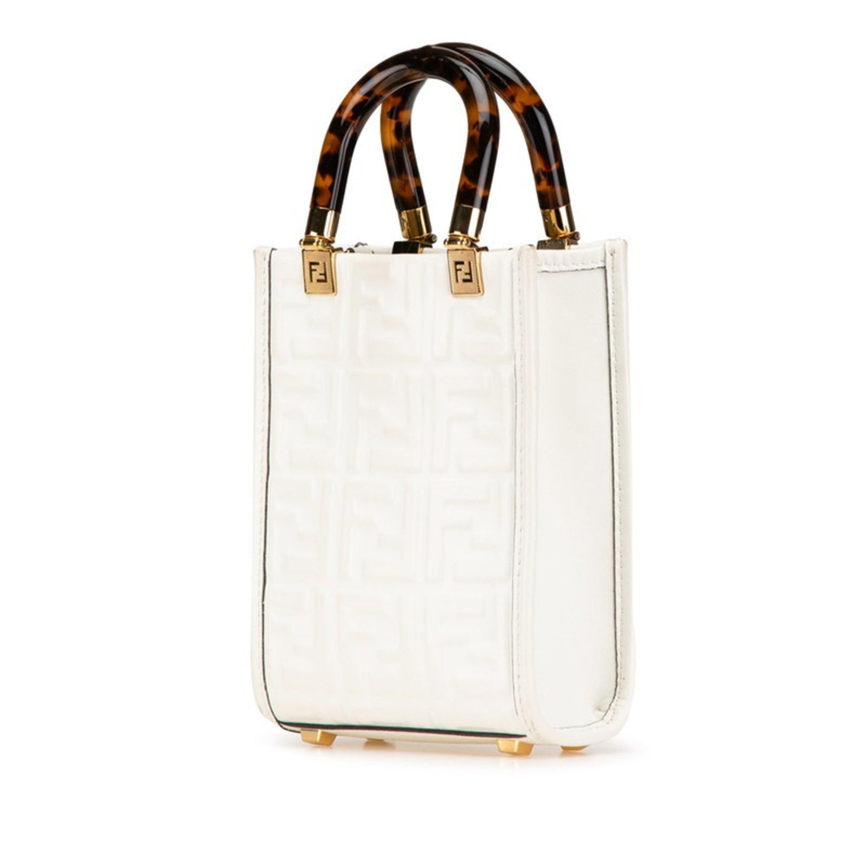 FENDI Sunshine Shopper Handbag Shoulder Bag White Brown Leather