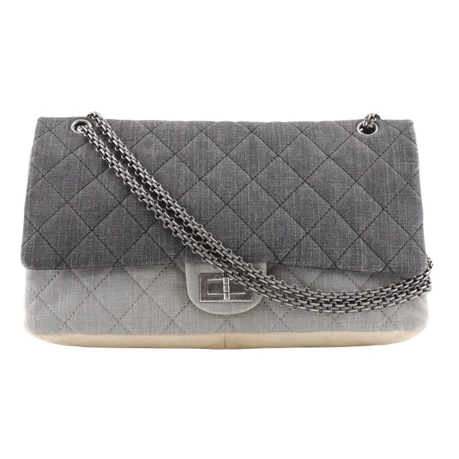 CHANEL 2.55 Chain Shoulder Bag, Matelasse, Double Flap, Tricolore Denim, Made in France, Black/Beige, Turn Lock