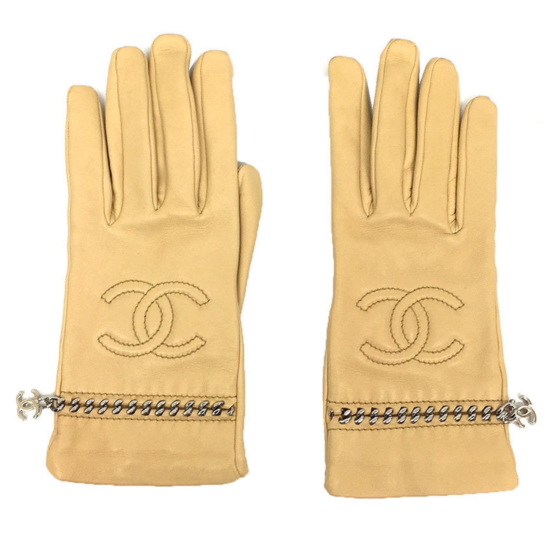 CHANEL Leather Gloves Coco Mark Chain Beige Nappa Women's Small Chanel aq9901