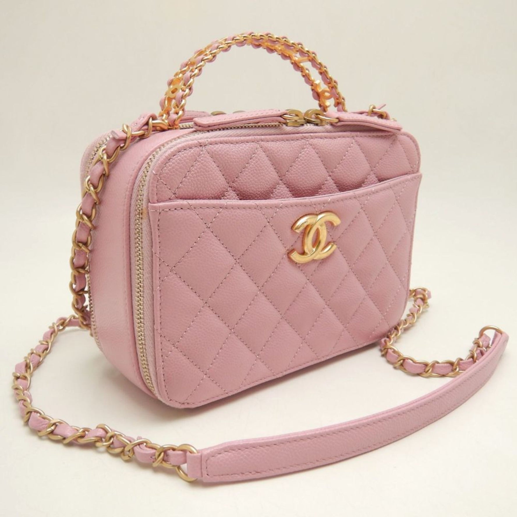 CHANEL Vanity Bag AS3221 Shoulder Matelasse Caviar Skin Coral Pink