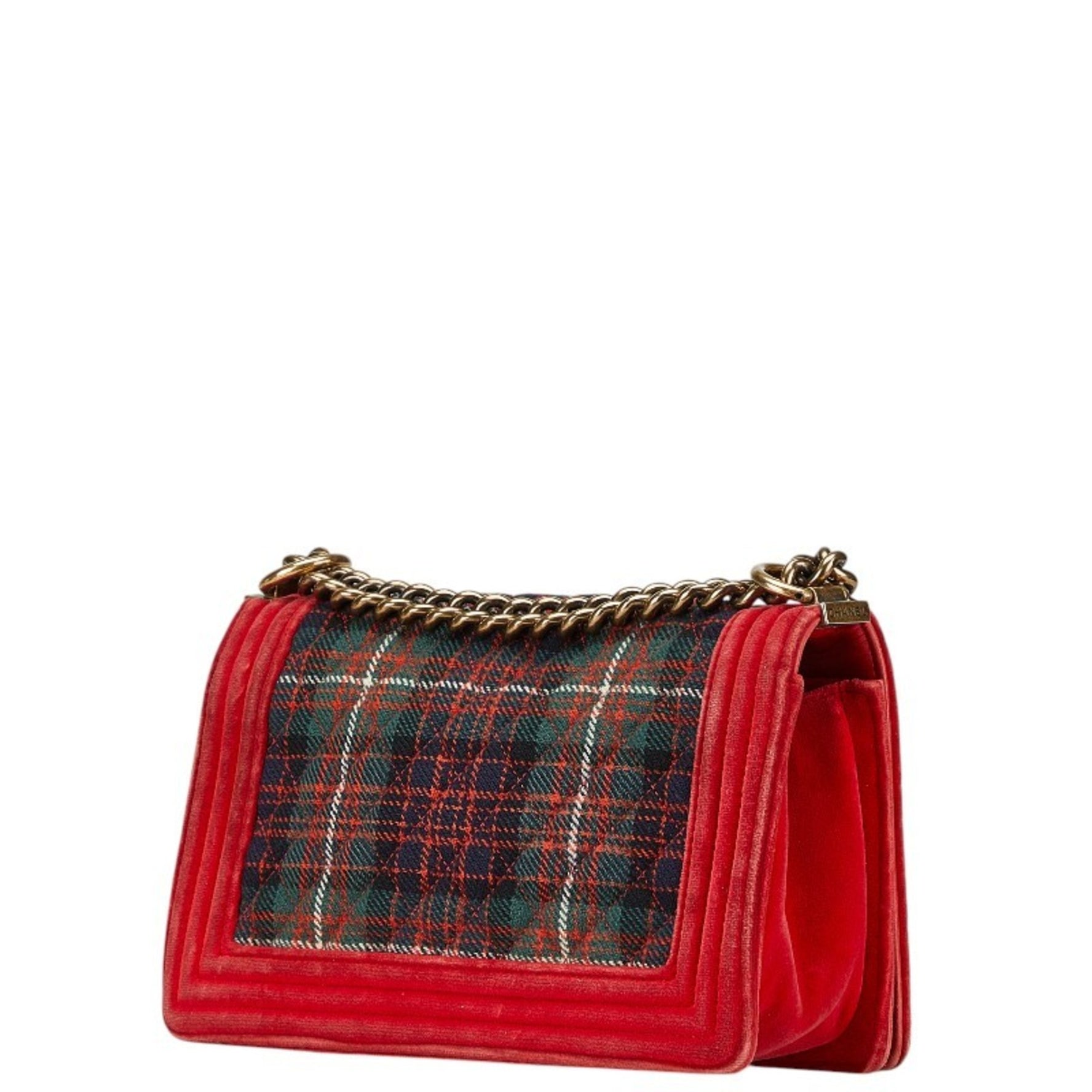 Chanel Matelasse Boy 25 Chain Shoulder Bag Red Multicolor Velour Wool Leather