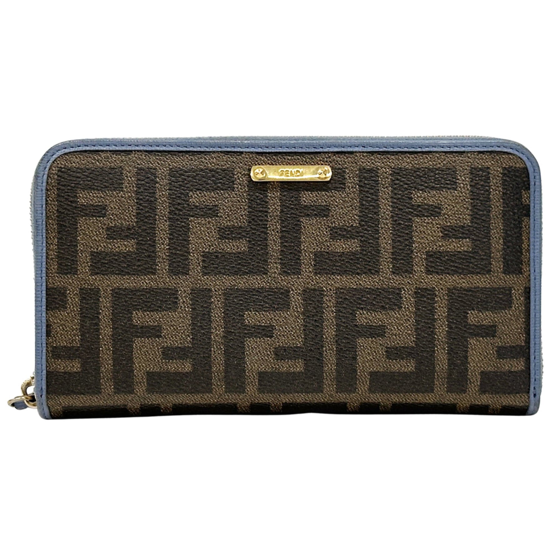 Fendi Zucca long wallet made of PVC in brown blue with a round zipper logo.
