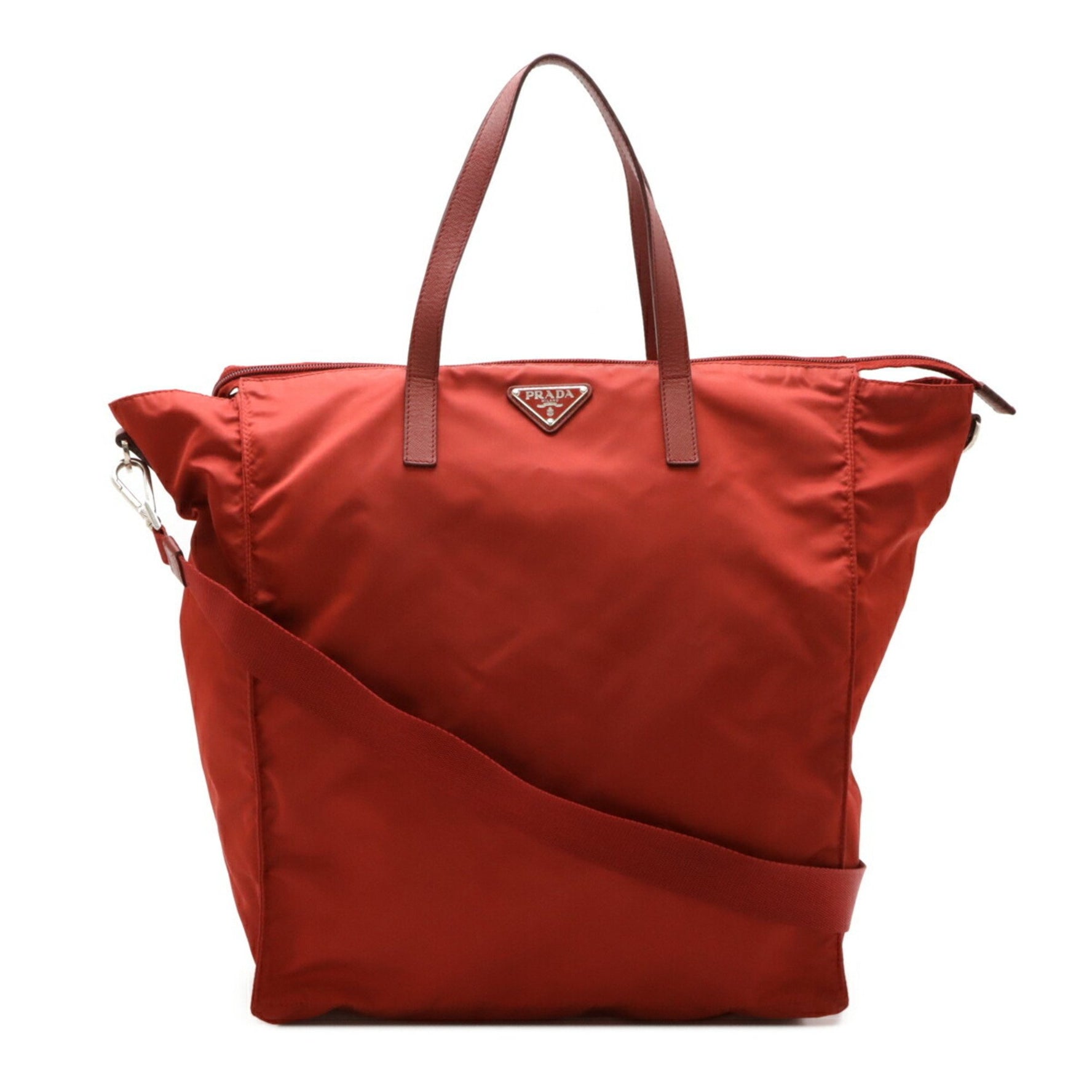 PRADA Prada Triangle Tote Bag Large Shoulder Nylon Leather Red