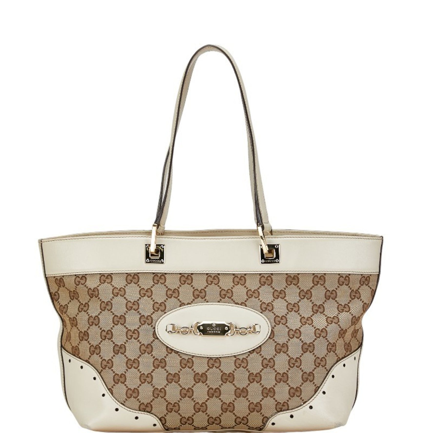 Gucci GG Canvas Handbag Tote Bag Beige White Leather Women's GUCCI
