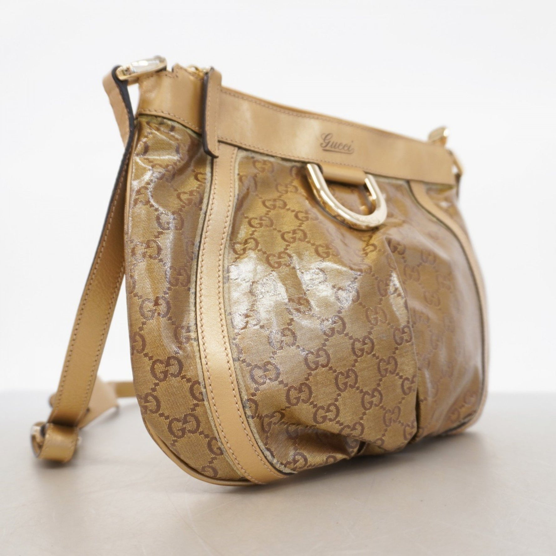 Gucci Shoulder Bag with GG Crystals, 203257, Coated Canvas, Beige, Champagne, Women's