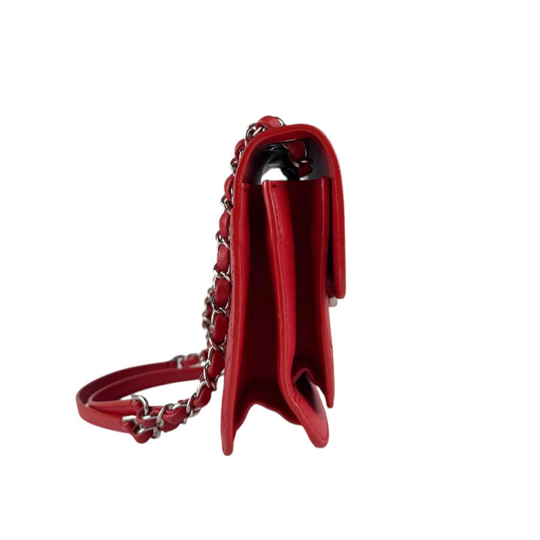 CHANEL Shoulder Bag Leather Metal Red Silver