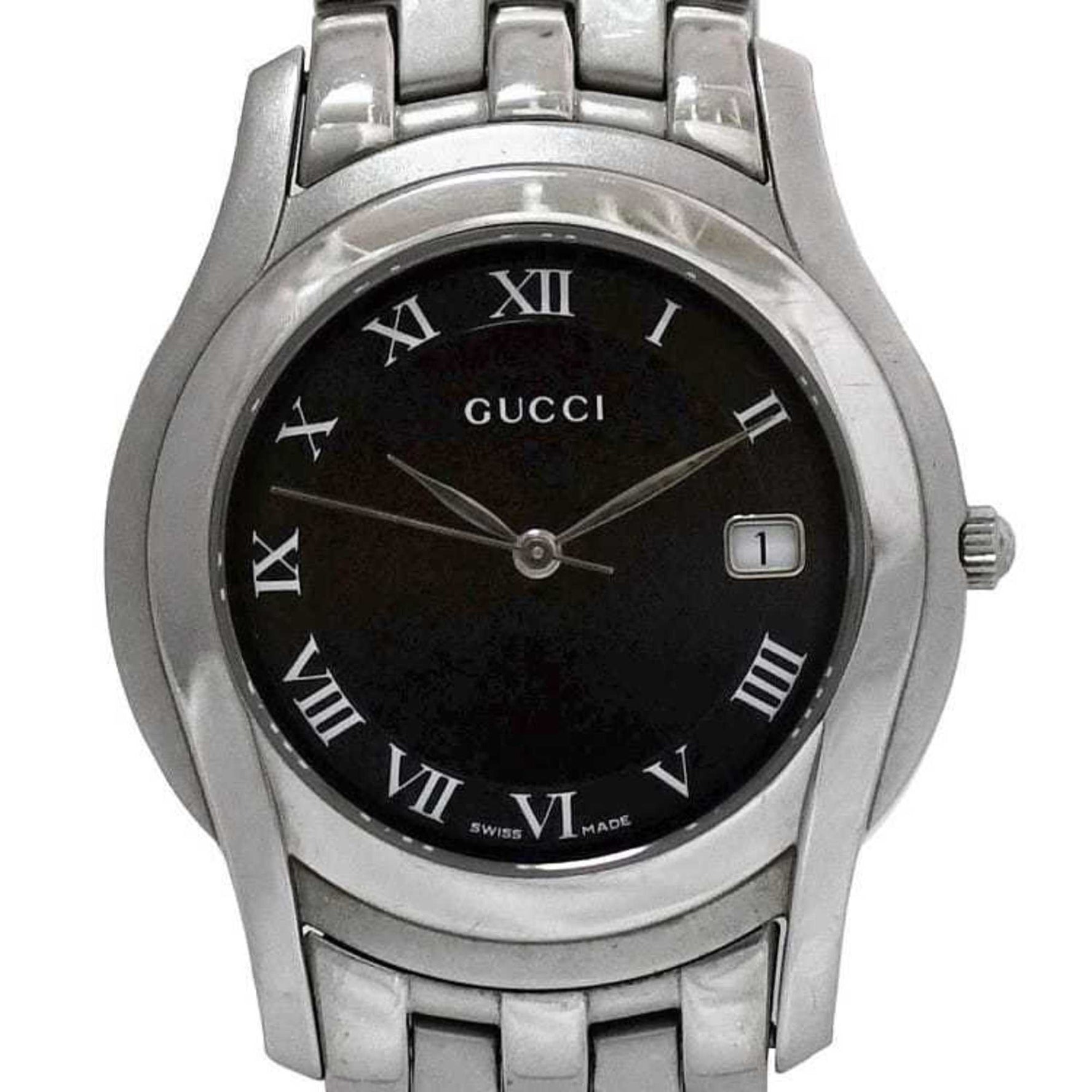 Gucci 5500M Watch f-23744 Black/Silver (YA055302) Stainless Steel Quartz Movement (0113976) Men's Black Dial with Roman Numerals and Indexes, Battery-Powered, Date Display