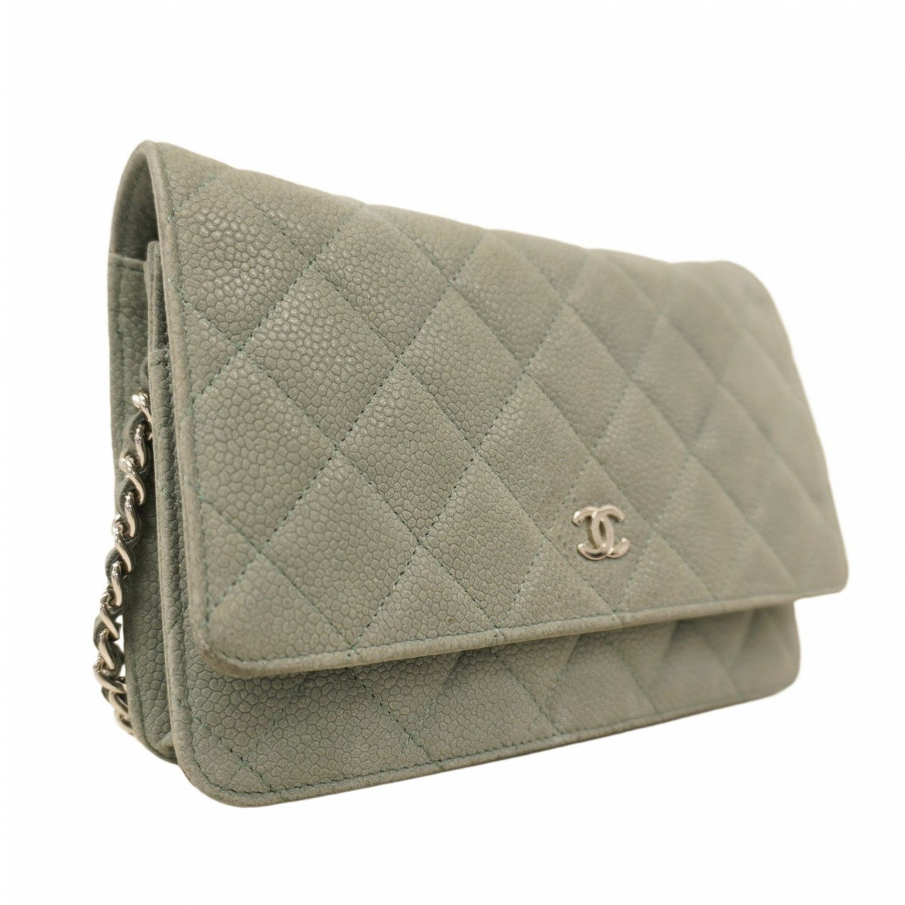 Chanel Matelasse Shoulder Wallet with Chain Bag in Caviar Leather, Gray-Green