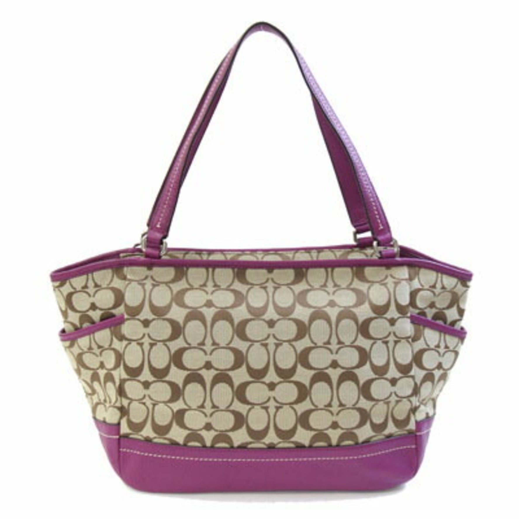 Coach Signature Tote Bag Beige and Purple Canvas Leather Shoulder