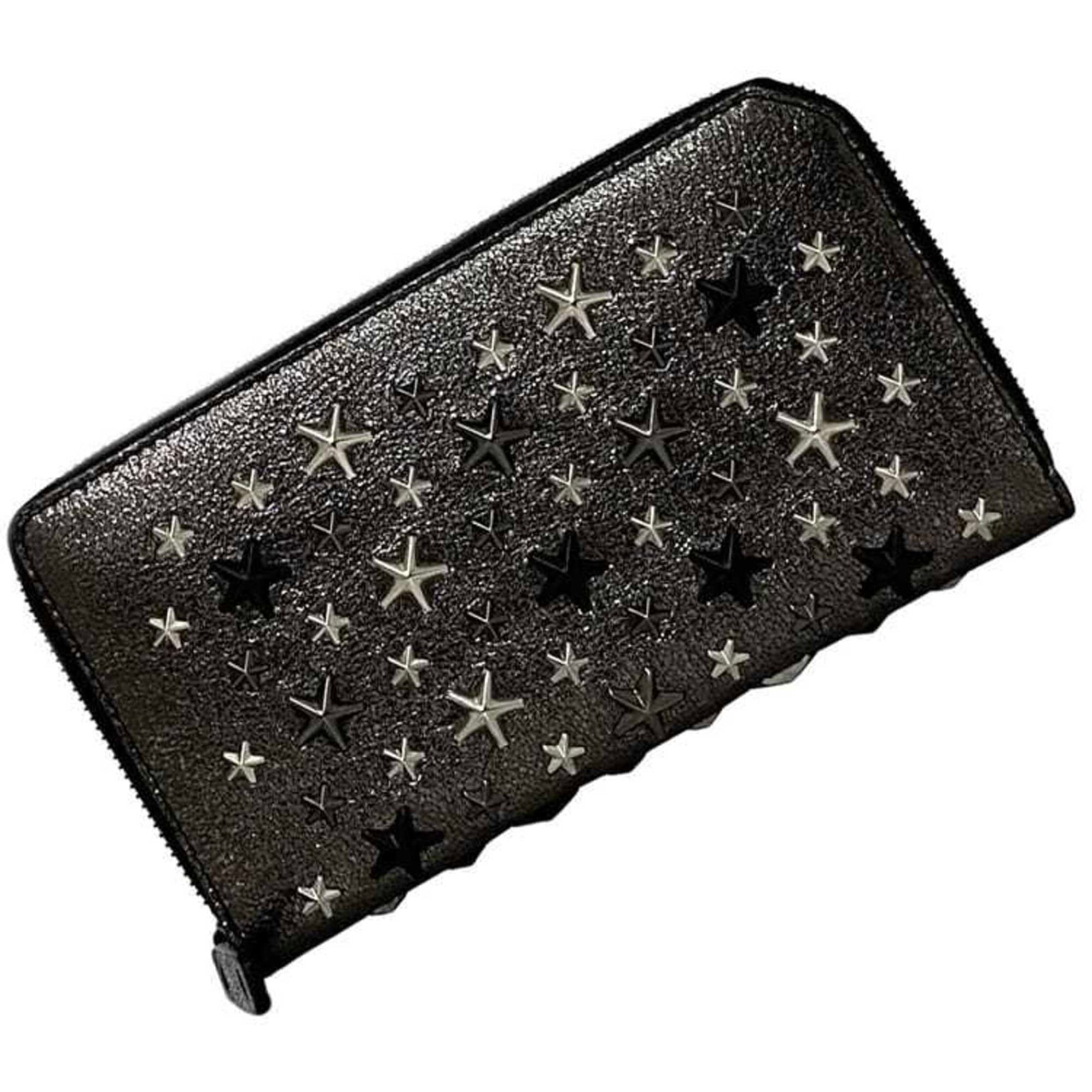 Jimmy Choo Round Long Wallet Silver Gray Black Leather Studs Star Matte