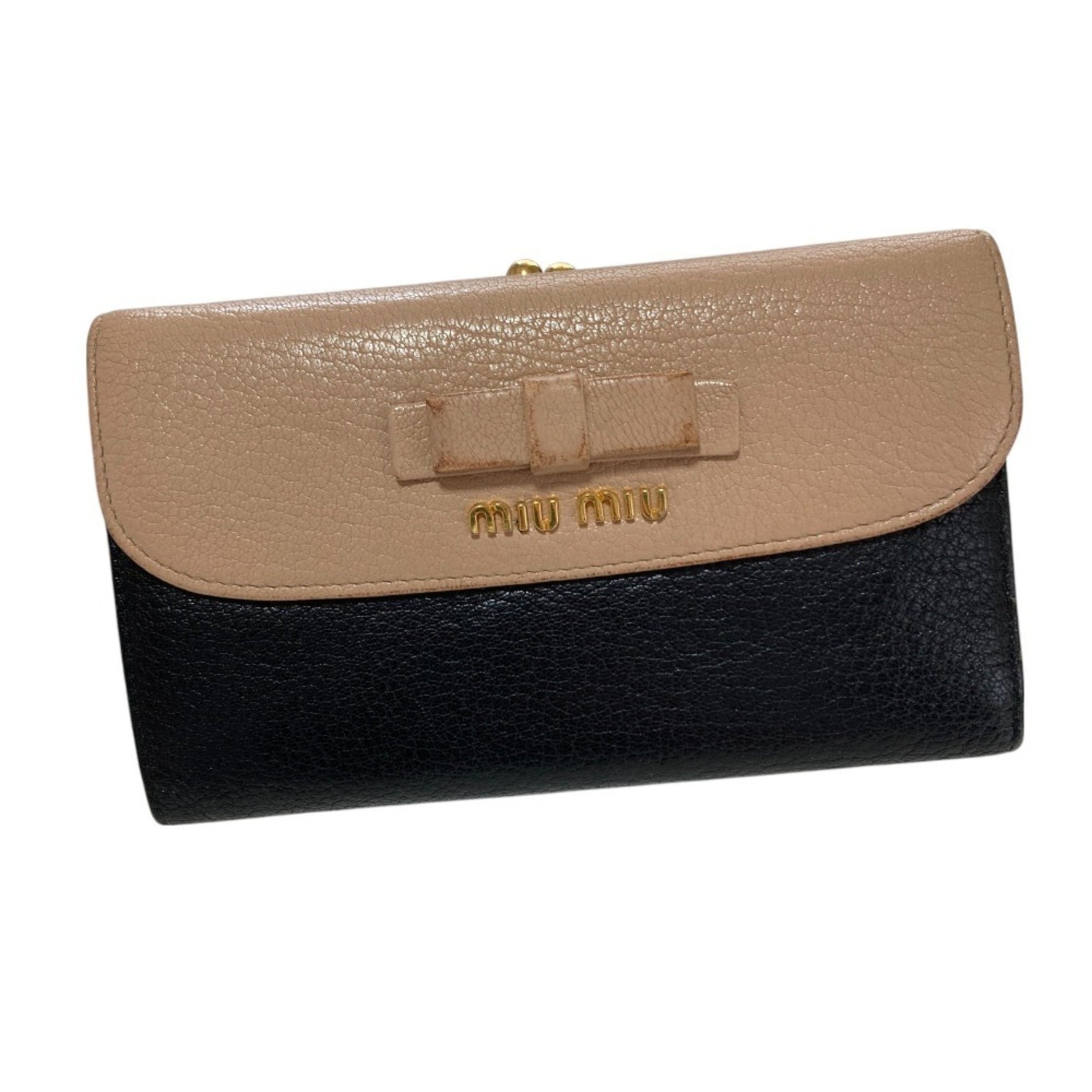 Miu Miu miumiu Miu Leather Ribbon Bicolor Clasp Purse Long Wallet Black x Pink