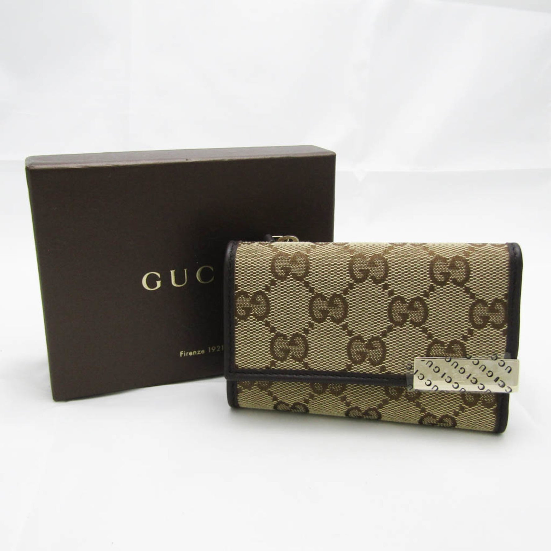 Gucci Tri-fold Compact Wallet Women,Men Leather GG Canvas Key Case Beige,Dark Brown