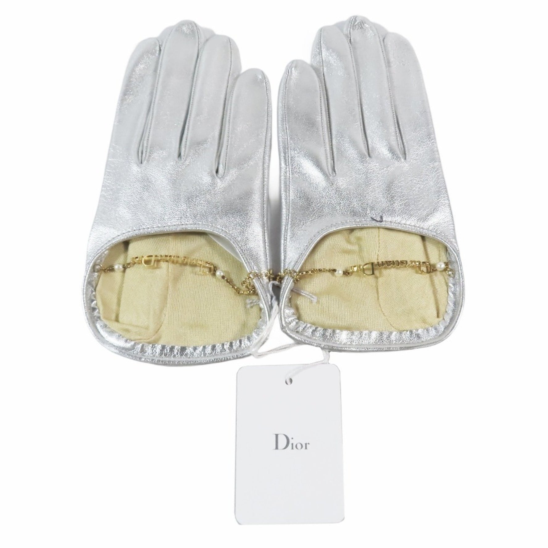 Christian Dior Lamb Leather Gloves with Logo and Pearl Chain Charm, Metallic Silver, Women's
