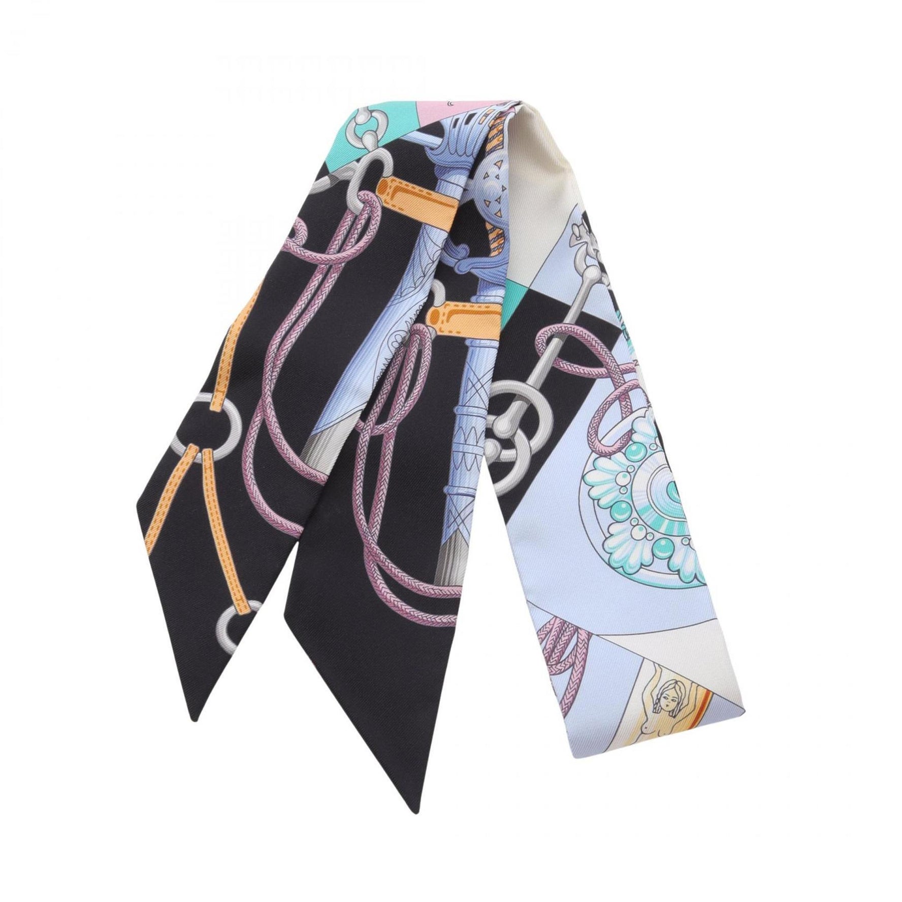 Hermes Hermès Twilly Cliquetis Noir Rose Mint Silk Scarf in Black and Multicolor