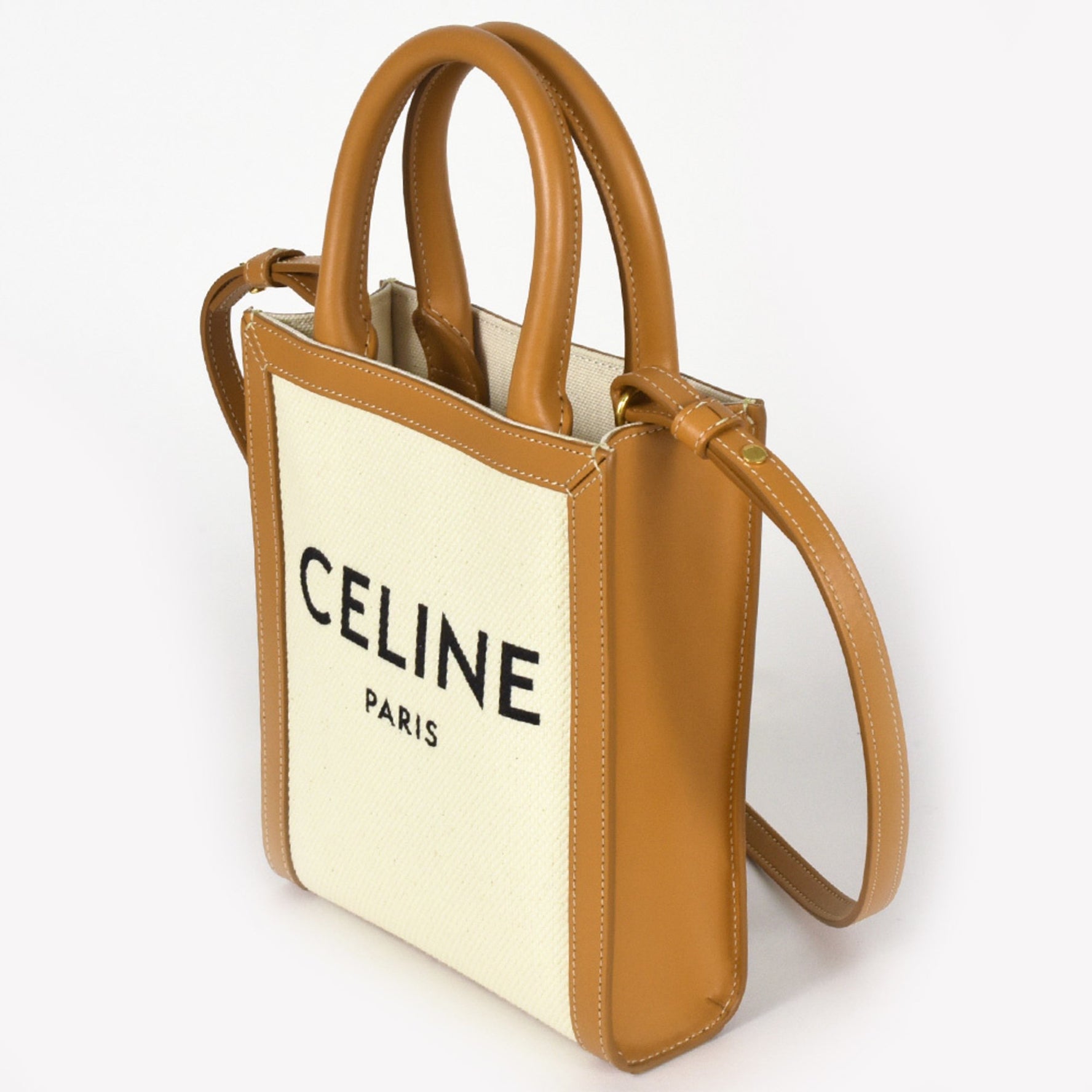 CELINE Vertical Cabas Shoulder Bag Canvas Leather Natural (White) Tan (Brown)