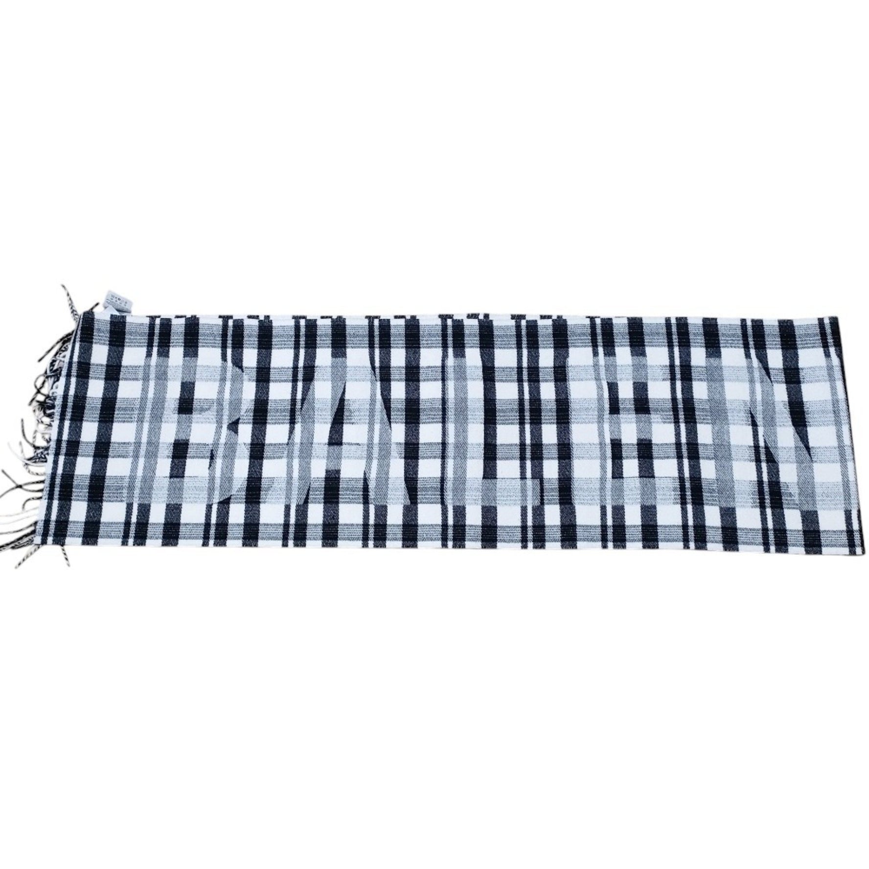 BALENCIAGA Wool Logo Tartan Check Large Fringe Stole Scarf Black x White Women's