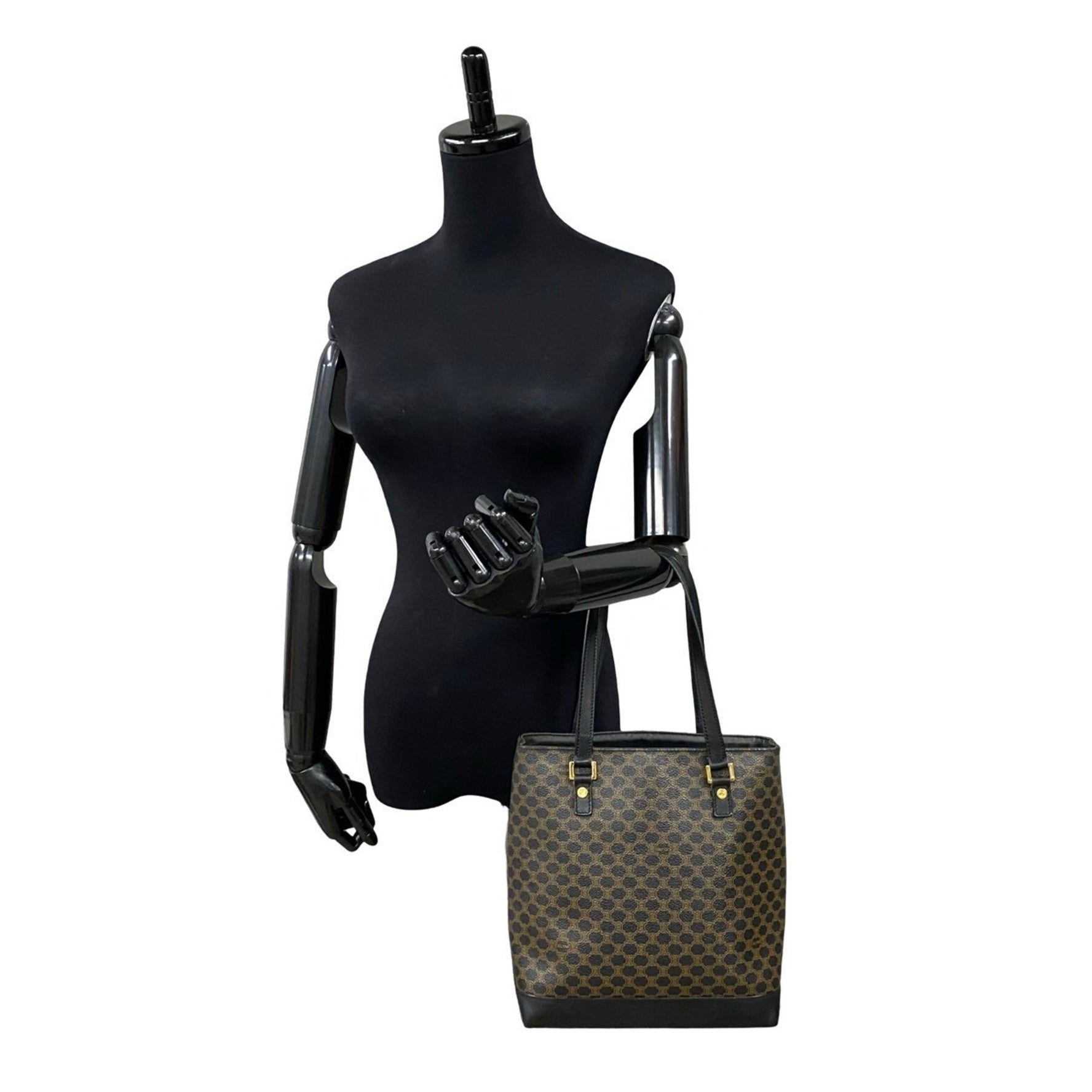 CELINE Macadam Blason Triomphe Leather Handbag/Tote Bag, Black/Brown