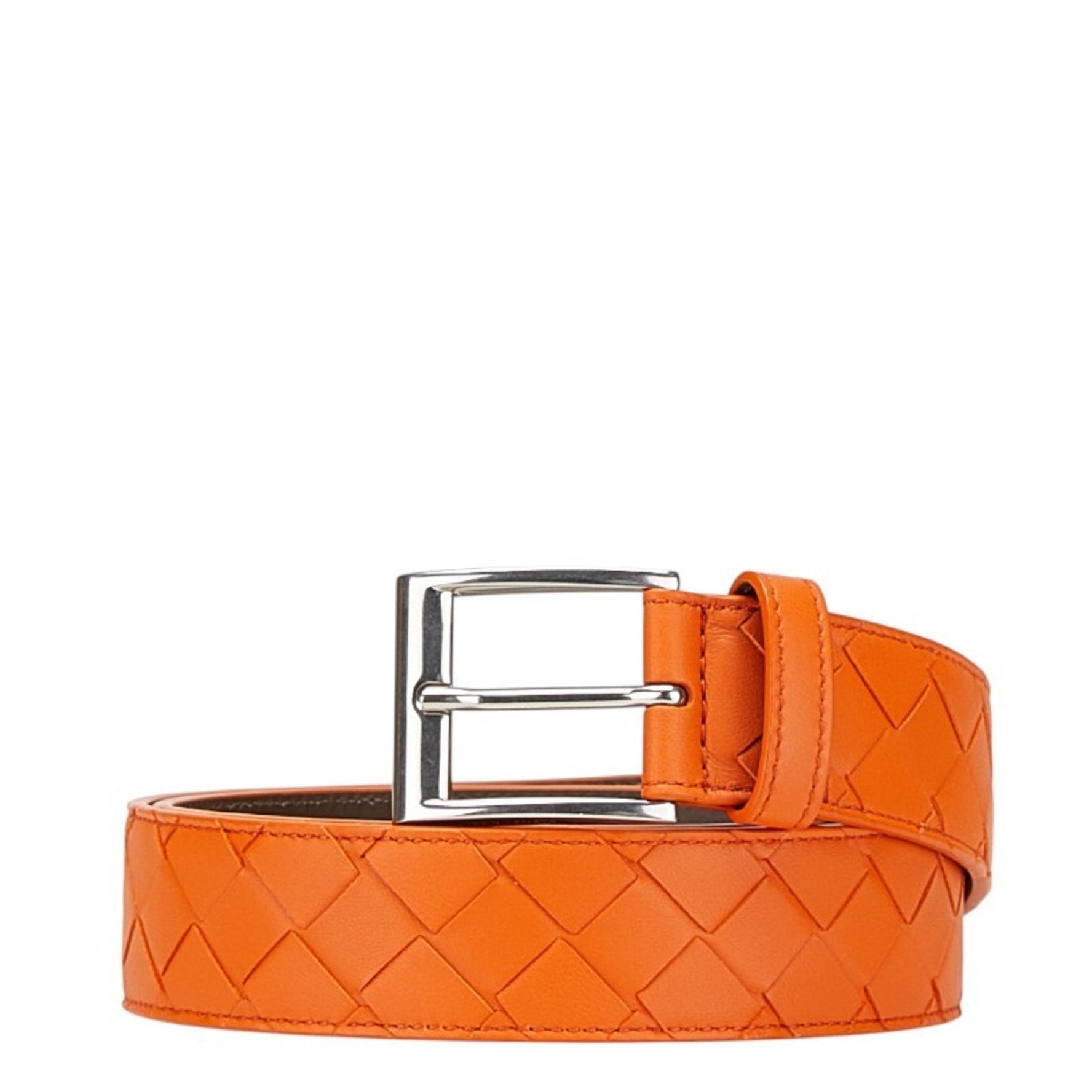 Bottega Veneta Intrecciato Belt Orange Silver Leather BOTTEGAVENETA