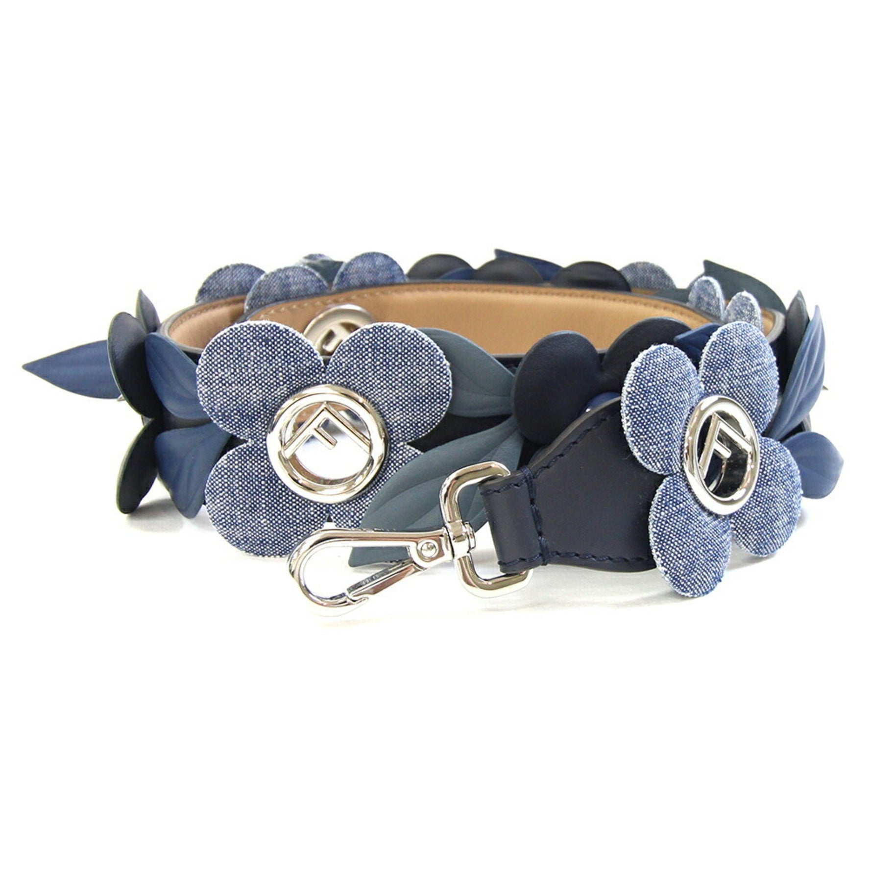 Fendi Shoulder Strap You Navy Leather and Denim Bag with Flower Replacement