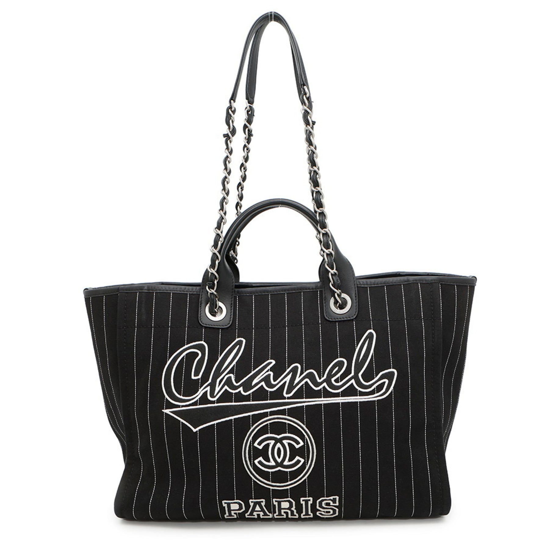 CHANEL Deauville MM Canvas Chain Tote Bag A66941, 2-Way, Black