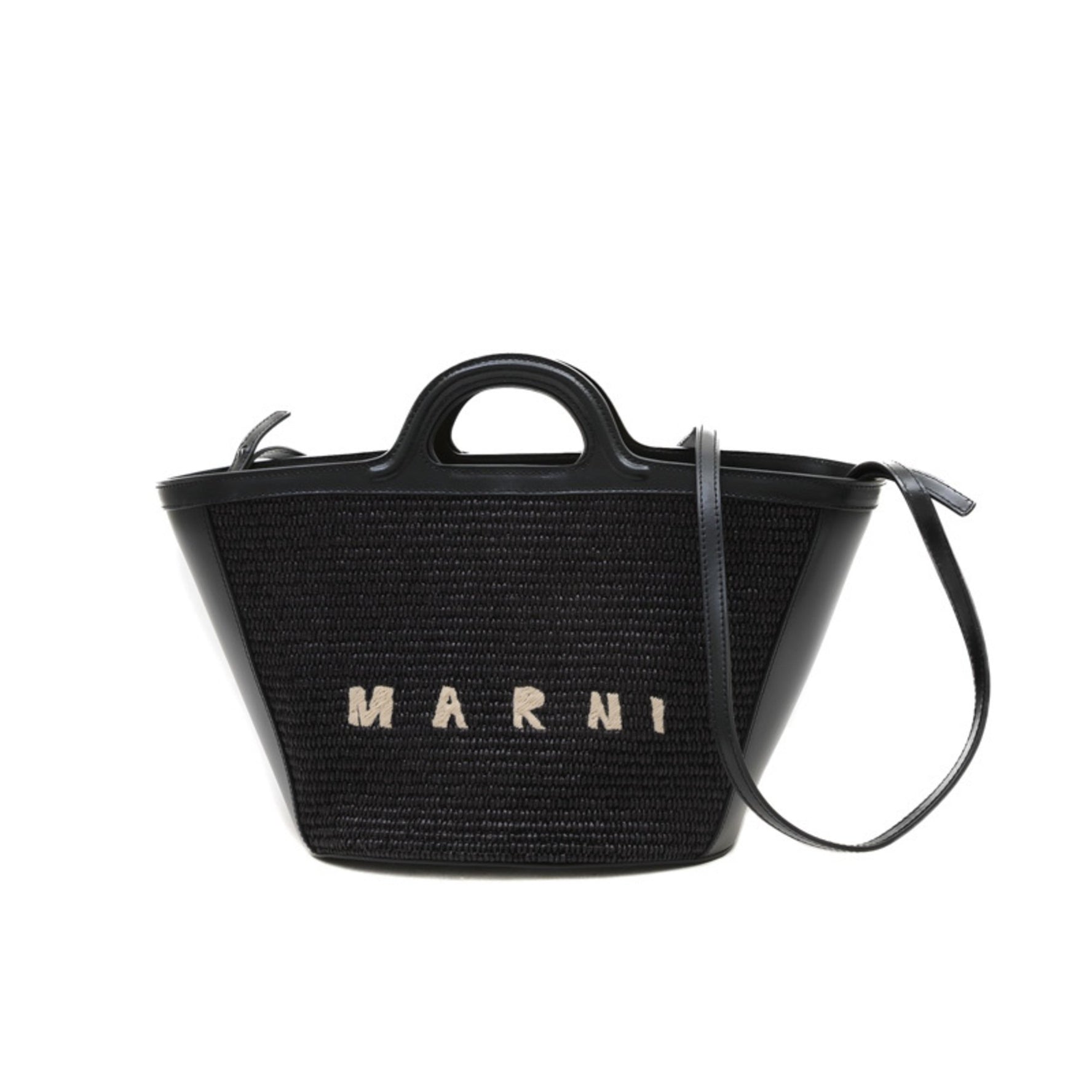 Marni Tropicalia Small Basket Bag, 2-Way Handbag, Raffia and Leather, Black, BMMP006800 BP