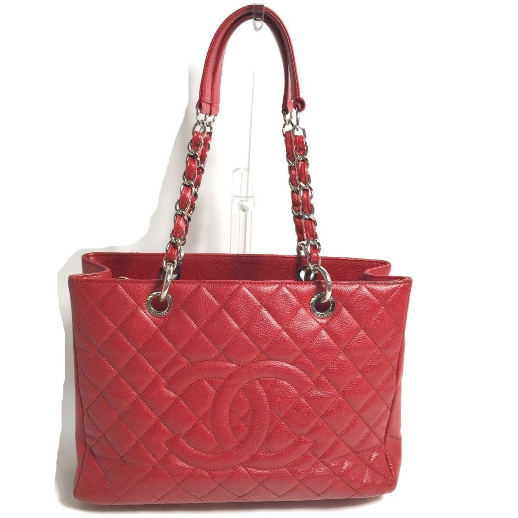 CHANEL CC Coco Mark Matelasse Quilted Chain GST Shoulder Bag Tote in Caviar Leather, Red