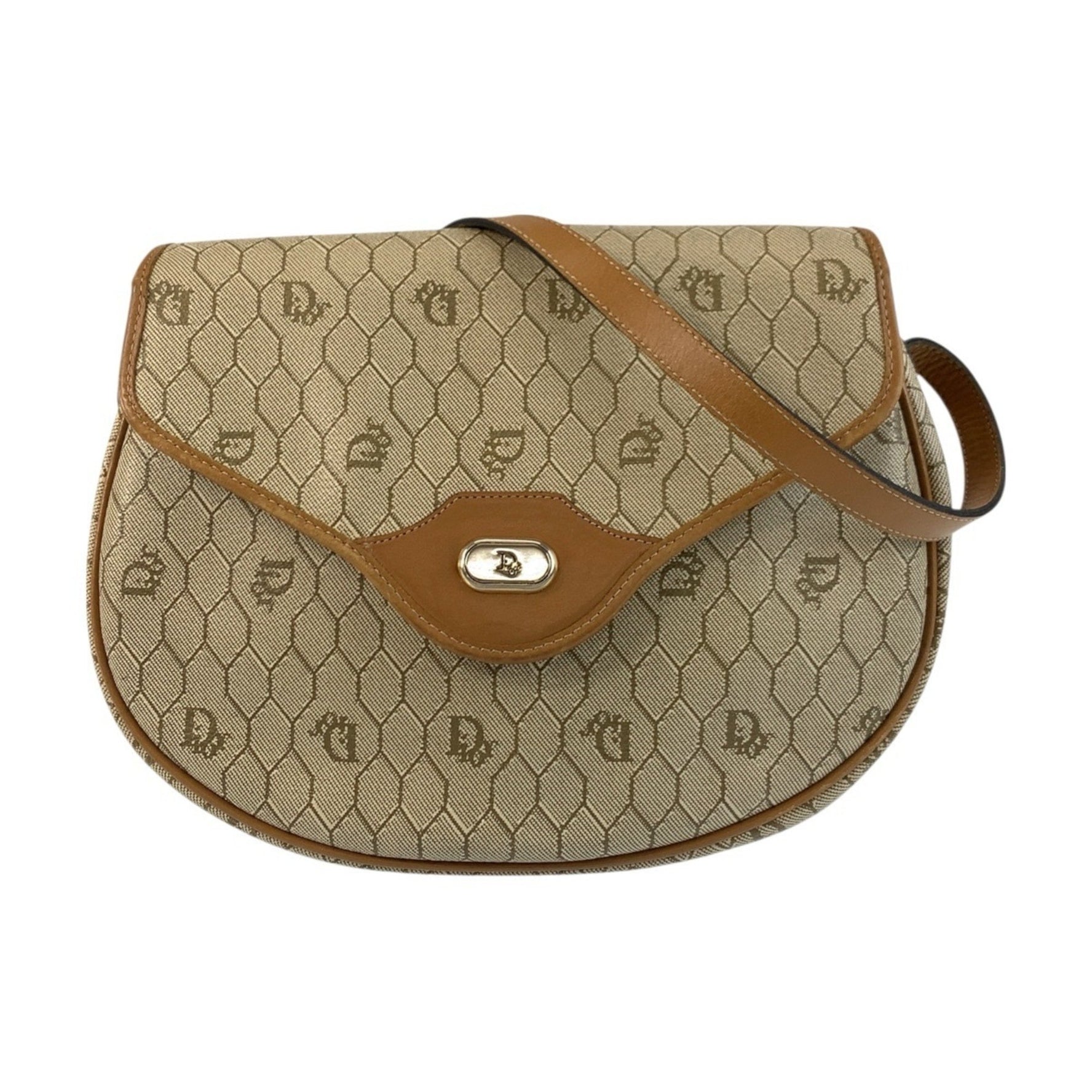 Christian Dior Vintage Honeycomb Pattern Beige Brown Leather Shoulder Bag with Gold Hardware