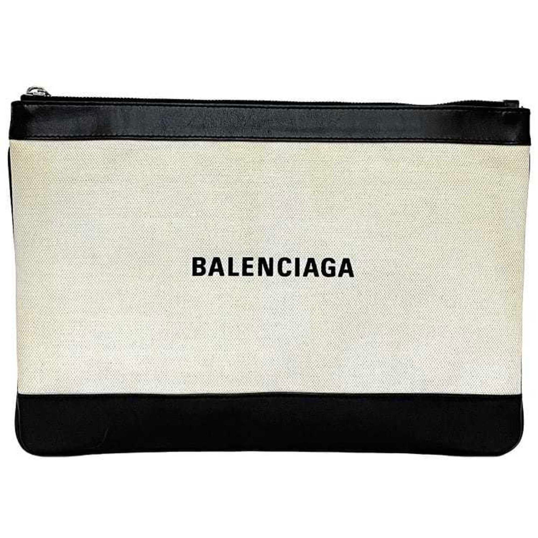 Balenciaga Clutch Bag Navy Clip Beige Black Handbag Canvas Leather BALENCIAGA Women's Men's