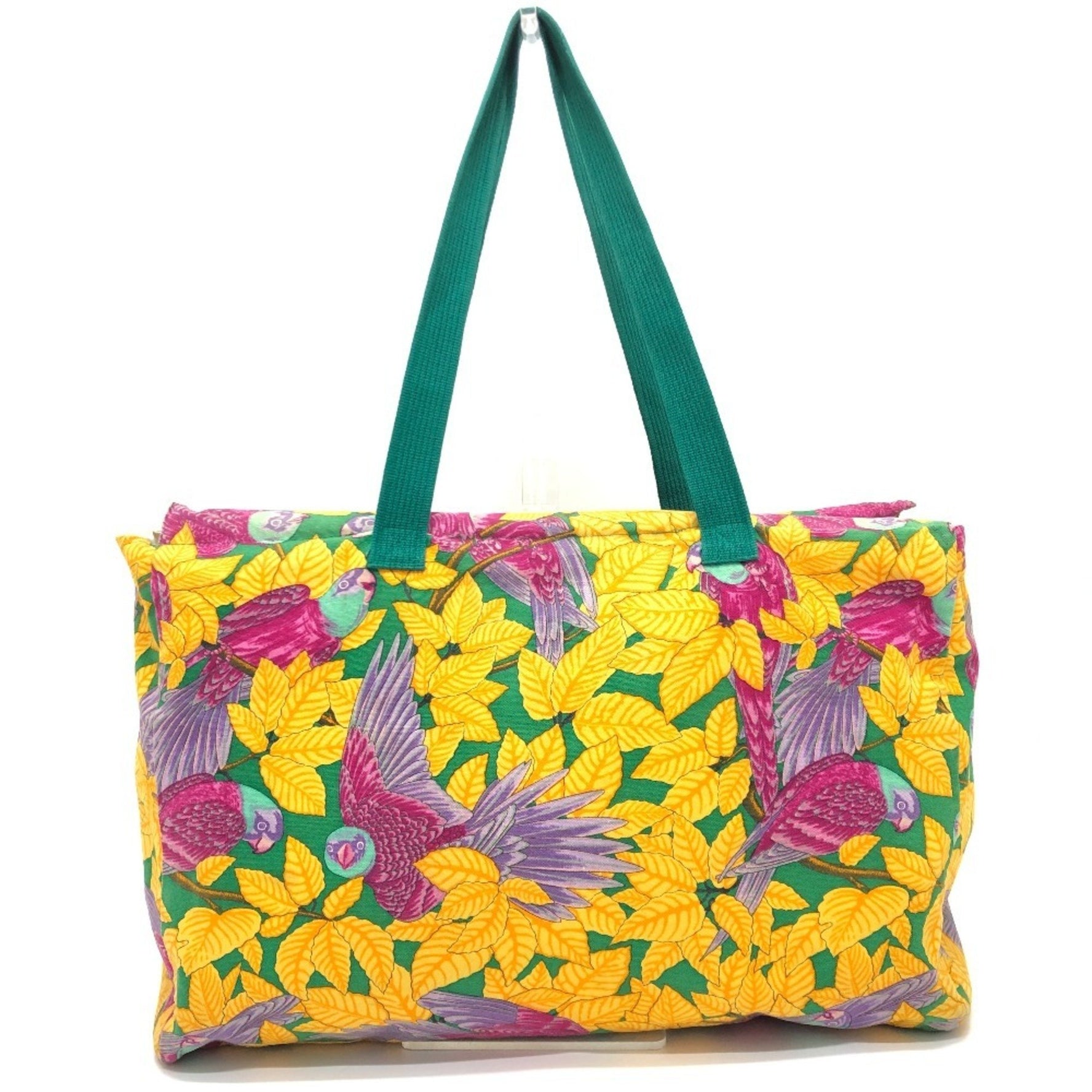 HERMES Vintage Bird Print Tote Bag, Shoulder Cotton, Green