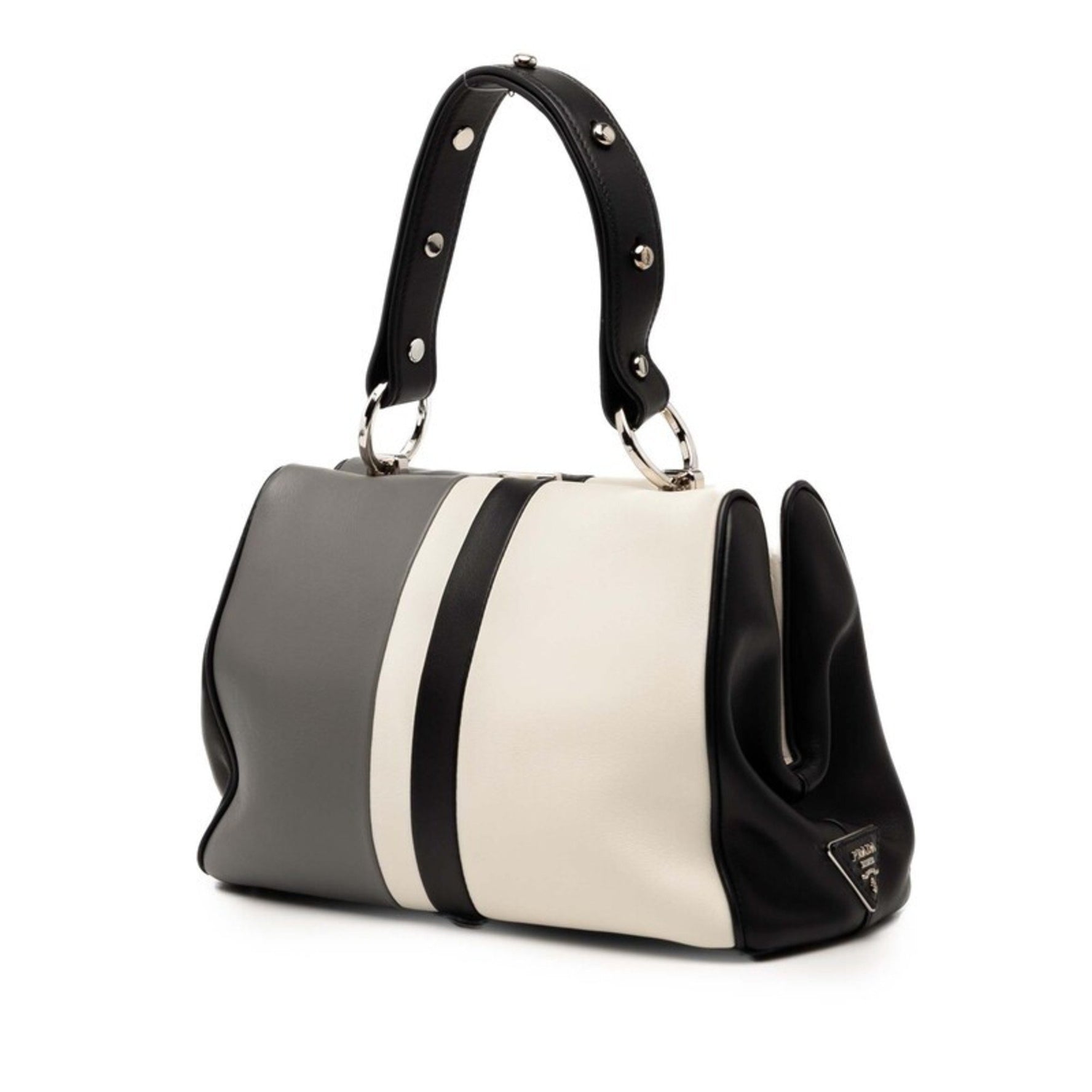 Prada Baiadera Frame Handbag Black, Gray, and White Leather