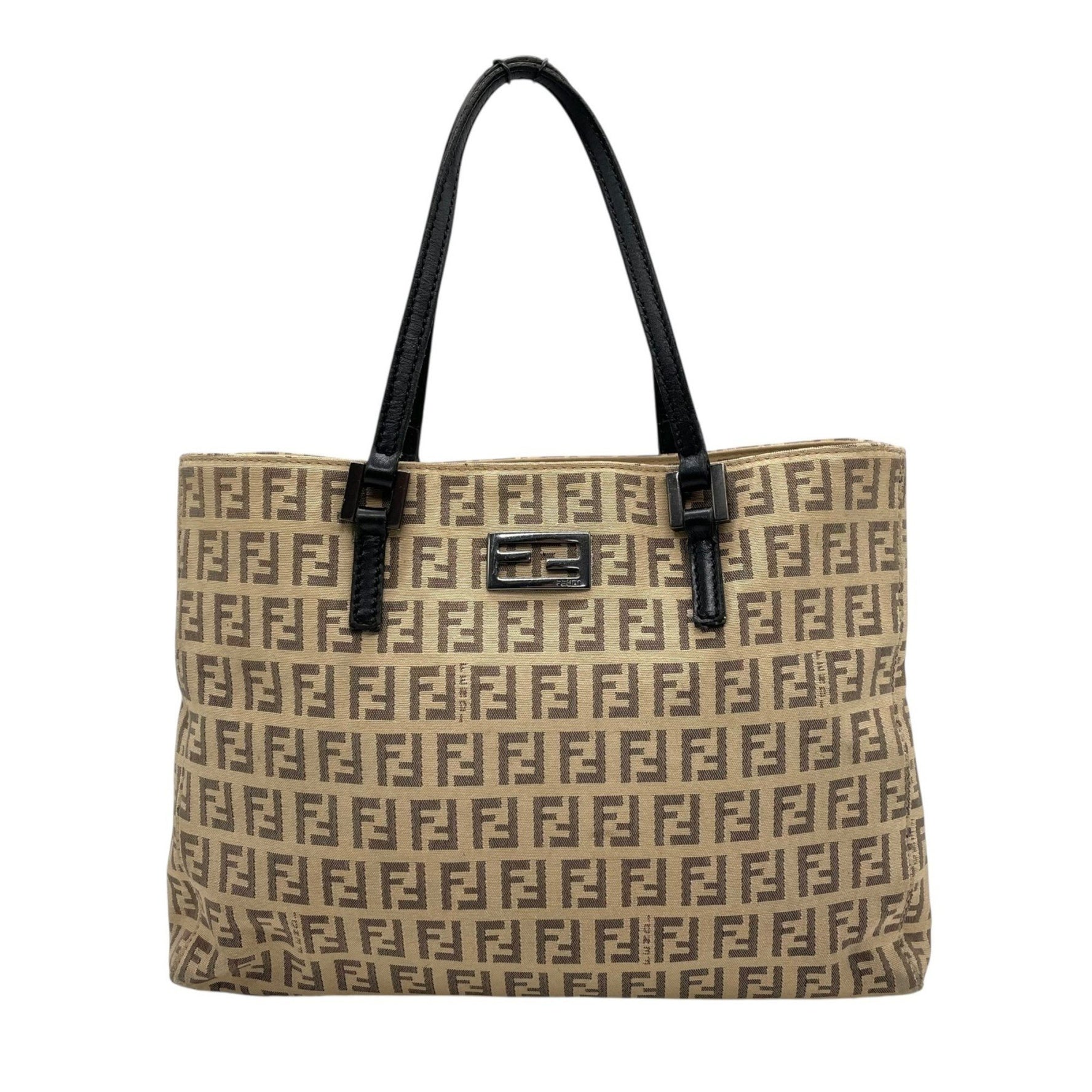 FENDI Zucchino Handbag, Mini Tote, Beige, Black Canvas, Leather, Silver Hardware, FF Pattern, Zucca Women's, Vintage, Size B3