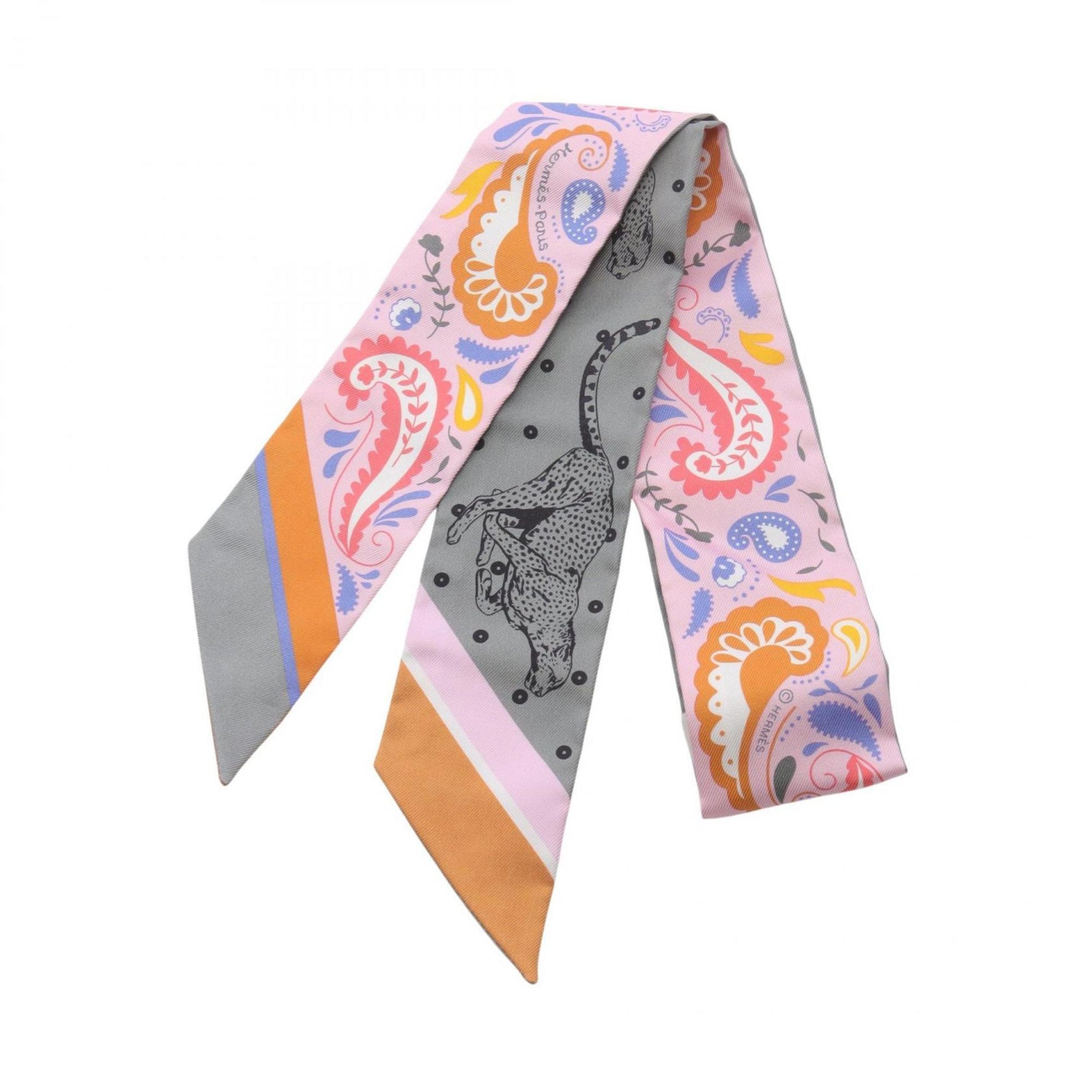 Hermes Hermès Guepards Bandana Twilly Silk Scarf in Pink, Gray, and Multicolor