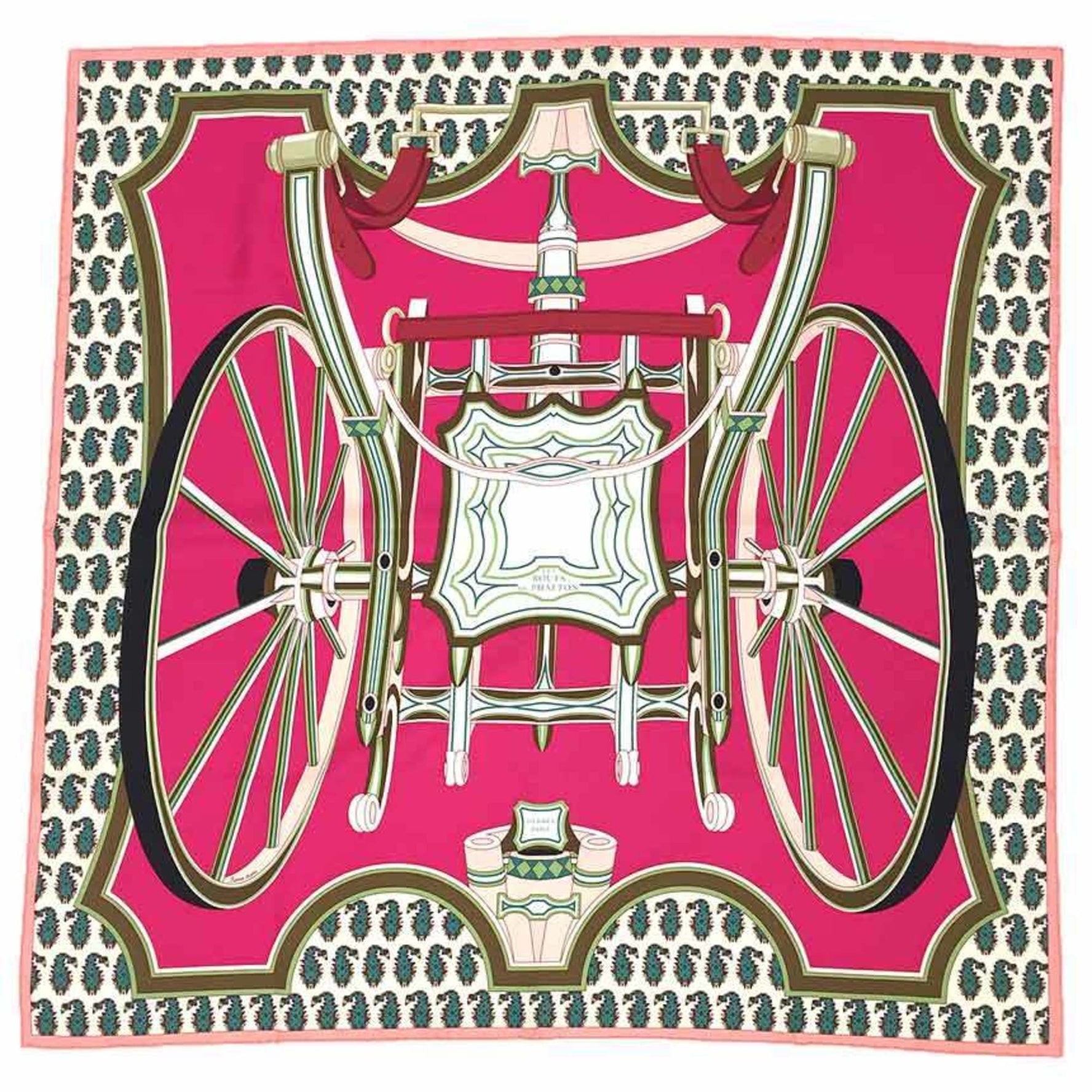 HERMES Carré 90 Silk Scarf "Les Roues de Phaeton" (Carriage Wheel) Pink 100%