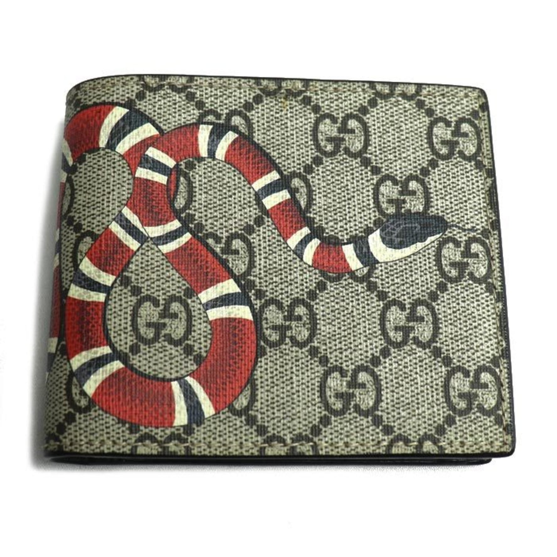 GUCCI GG Supreme Snake Compact Wallet Bi-fold Beige x Black Red 8666