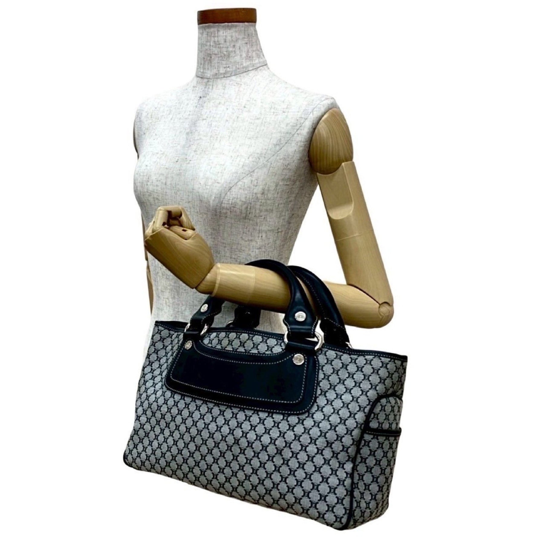 CELINE Boogie Bag, Triomphe Print, Logo, Metal Hardware, Canvas and Leather Handbag, Black/Grey