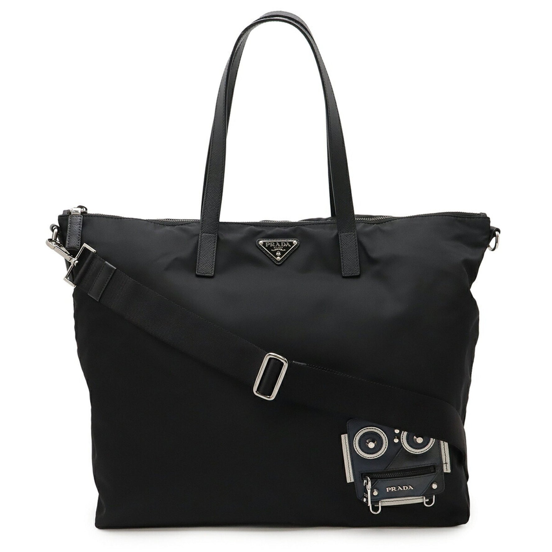 PRADA Robot Triangle Tote Bag, Large Shoulder Nylon and Leather, Black