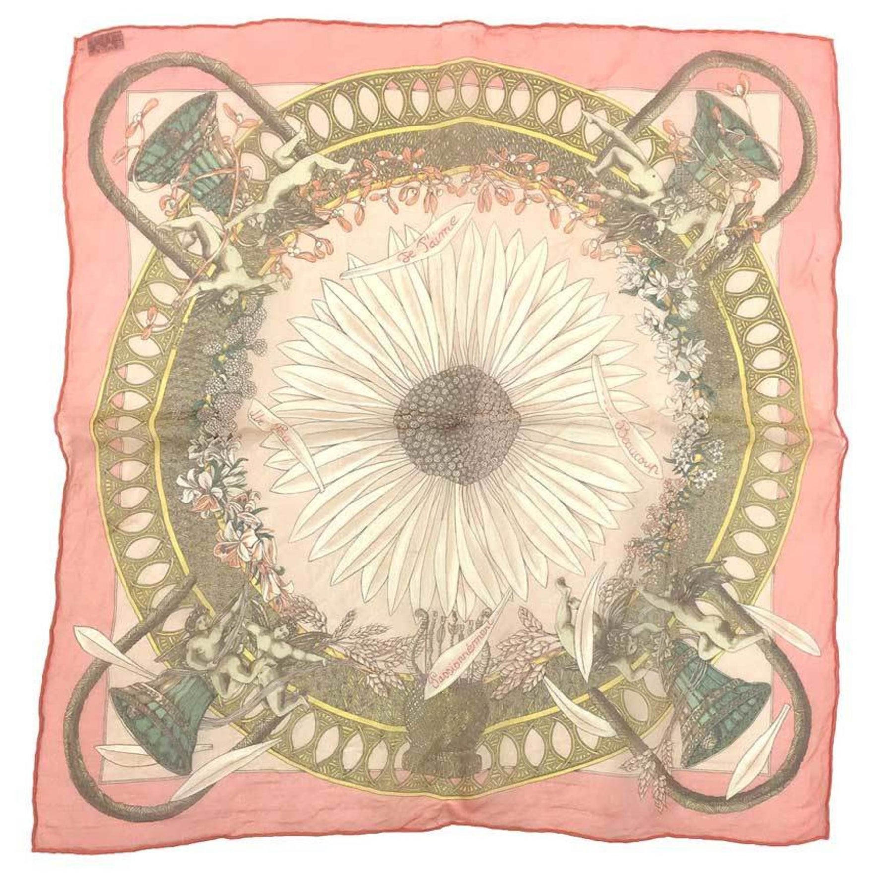 HERMES Scarf Muffler Carre 45 Je T'aime passionnement un peu Sunflower Silk Muslin Salmon