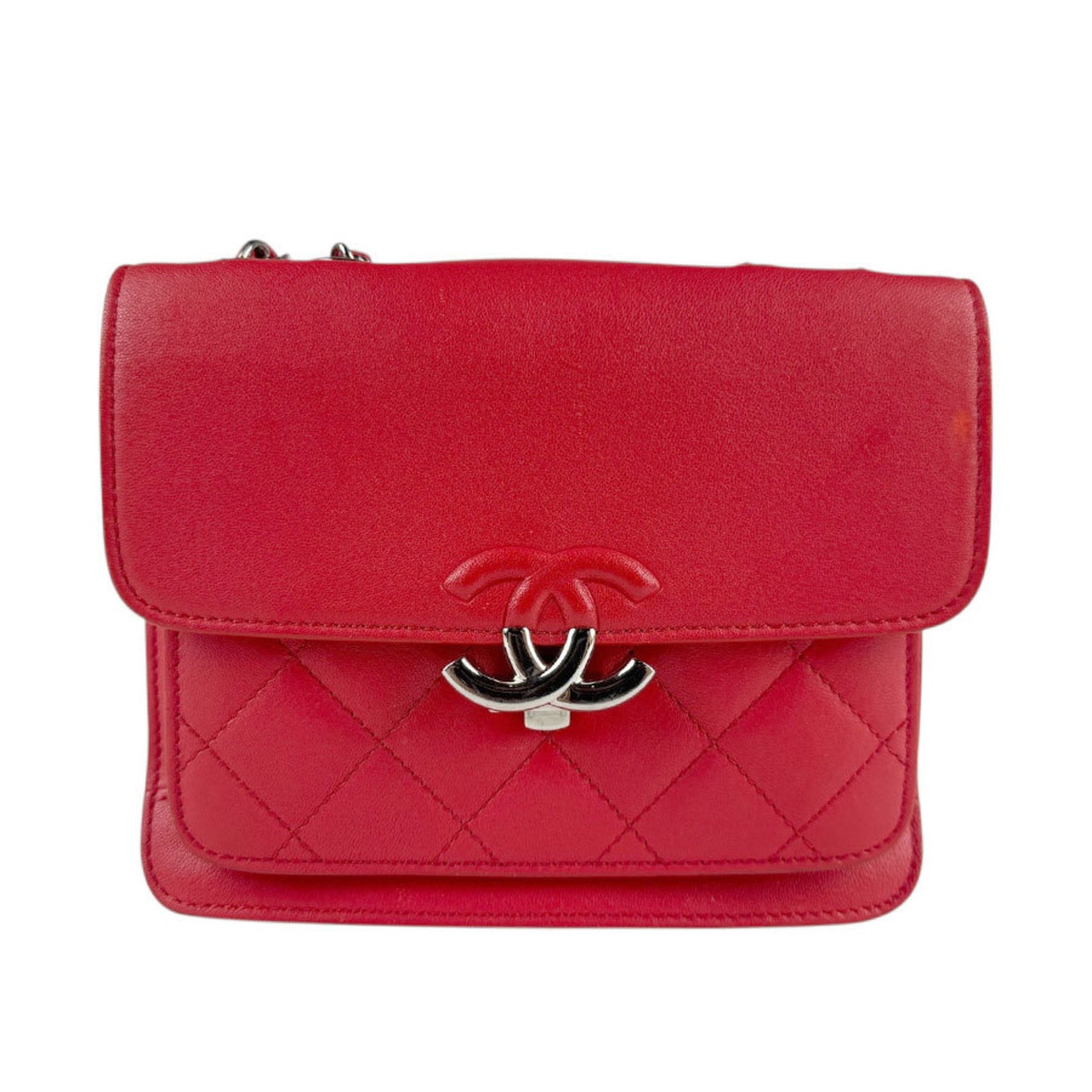 CHANEL Shoulder Bag Leather Metal Red Silver