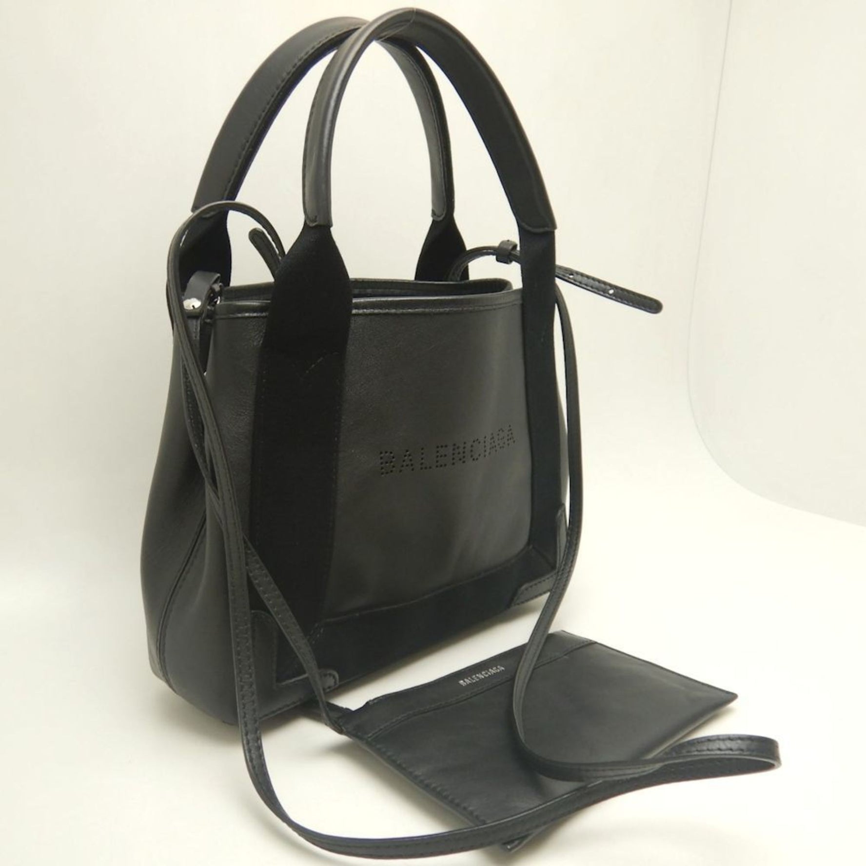 BALENCIAGA Cabas XS Handbag in Leather and Canvas, Black, Women's,